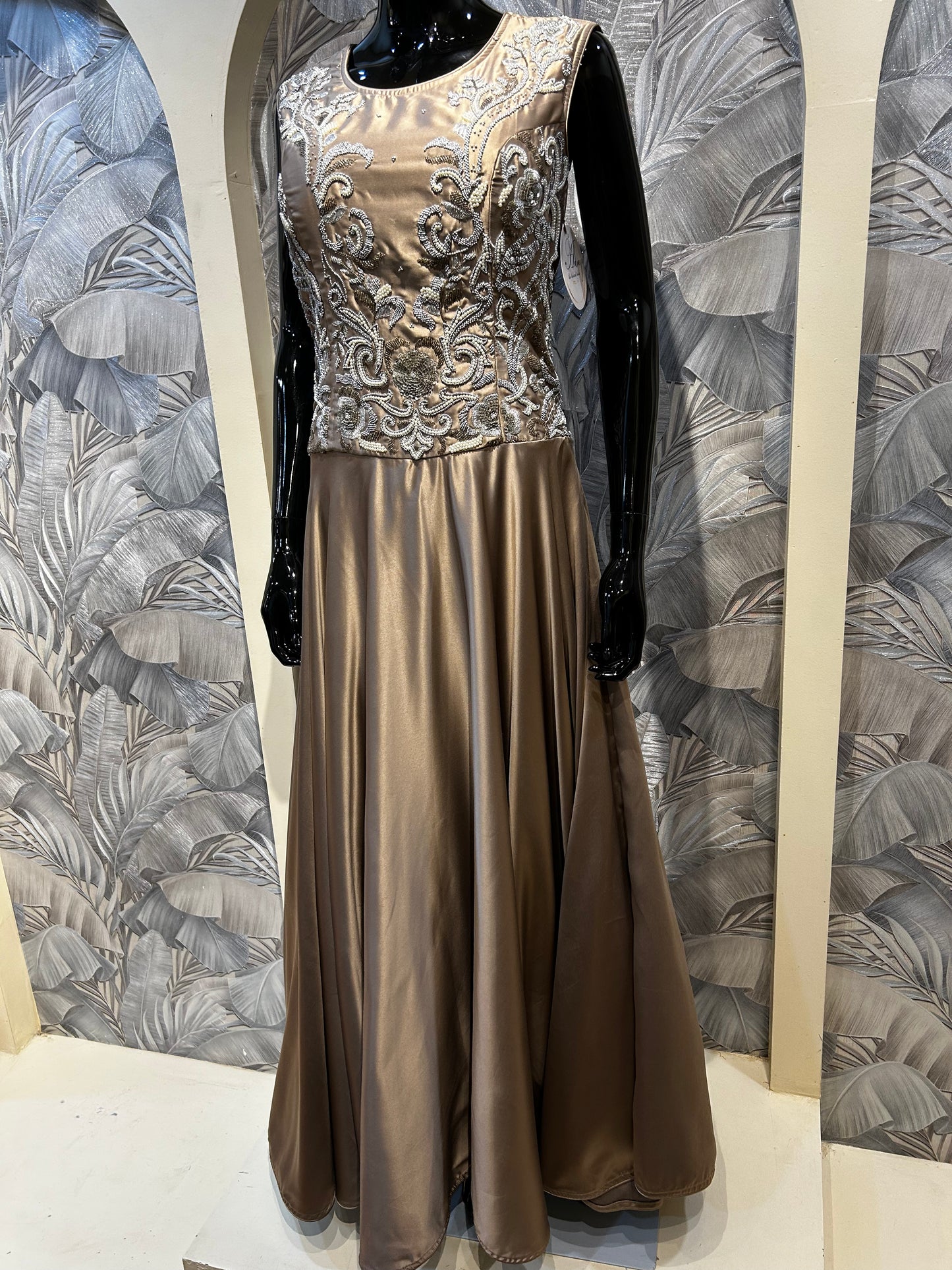 Champagne Satin Gown with Silver Embellished Bodice