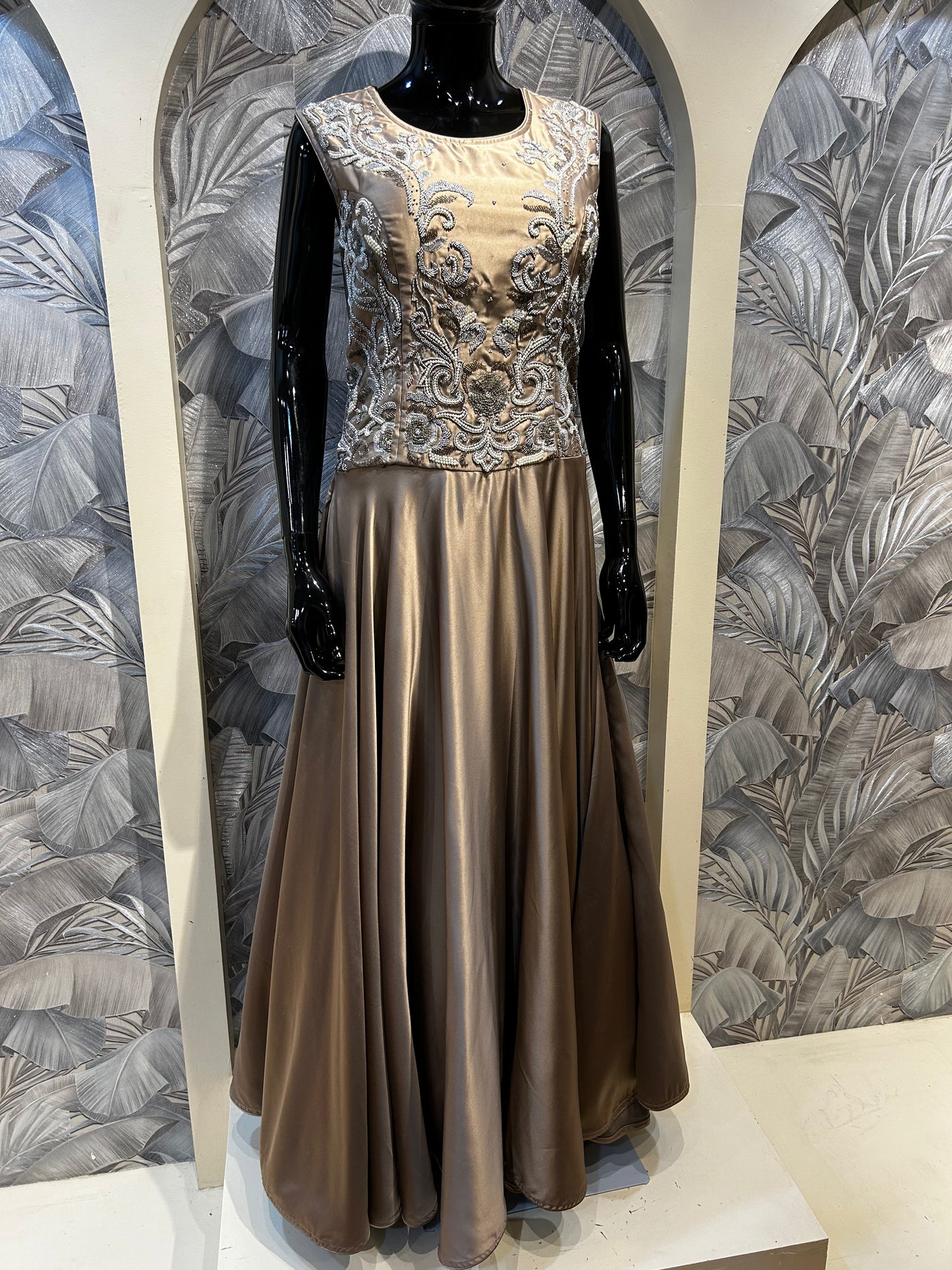 Champagne Satin Gown with Silver Embellished Bodice