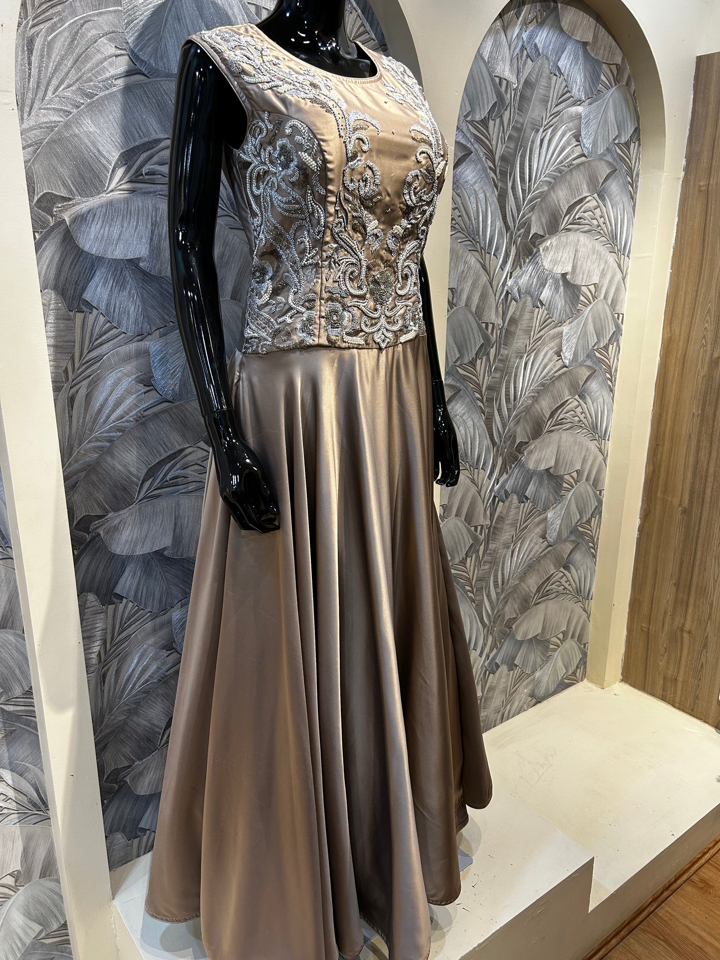 Champagne Satin Gown with Silver Embellished Bodice