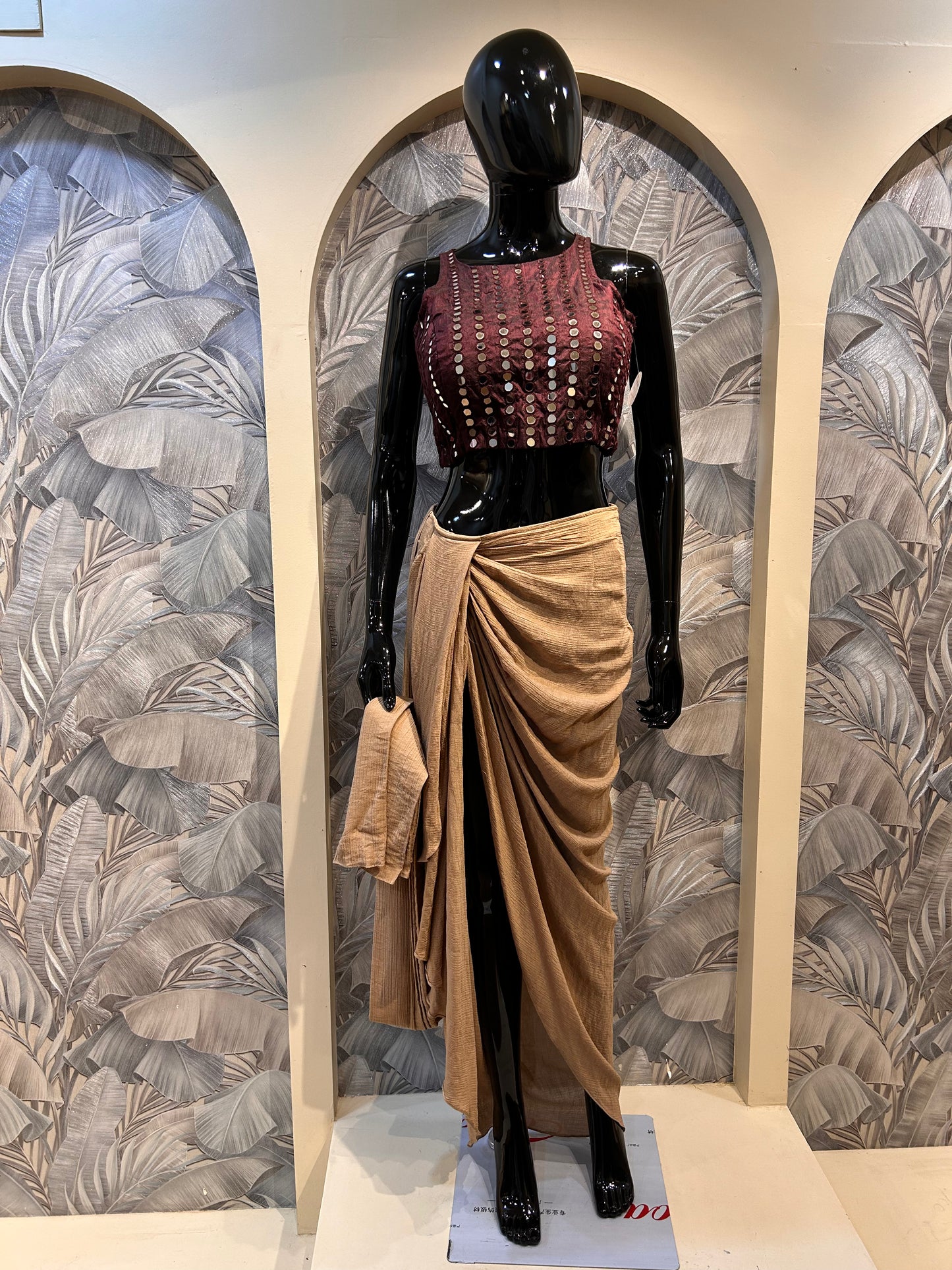 Brown and Beige Cotton Drape Set with Mirror Work Blouse