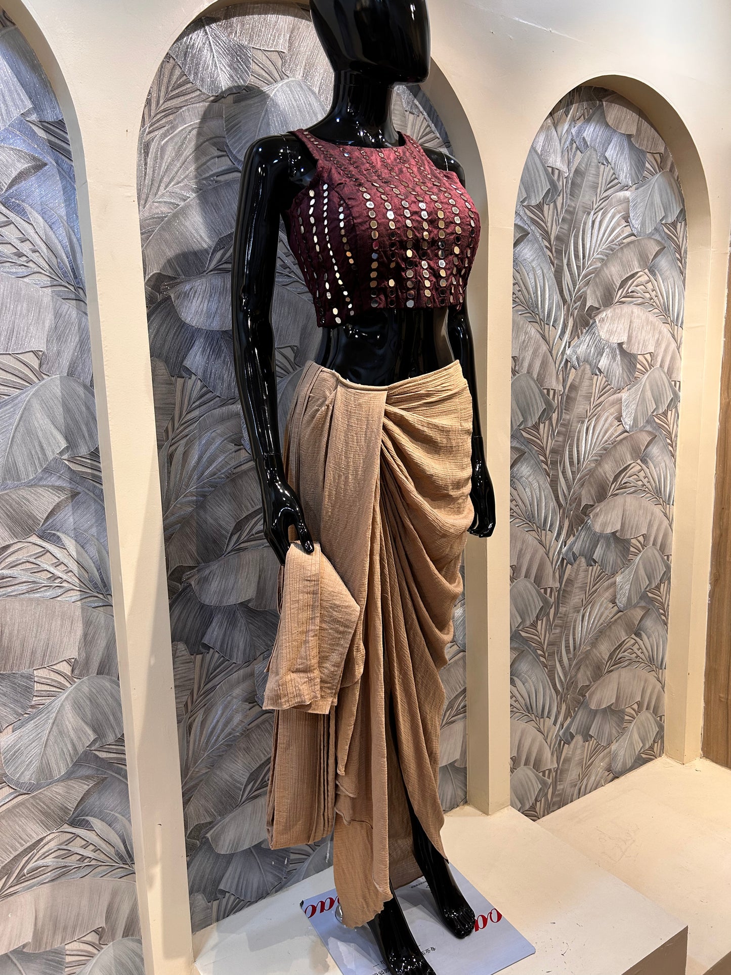 Brown and Beige Cotton Drape Set with Mirror Work Blouse