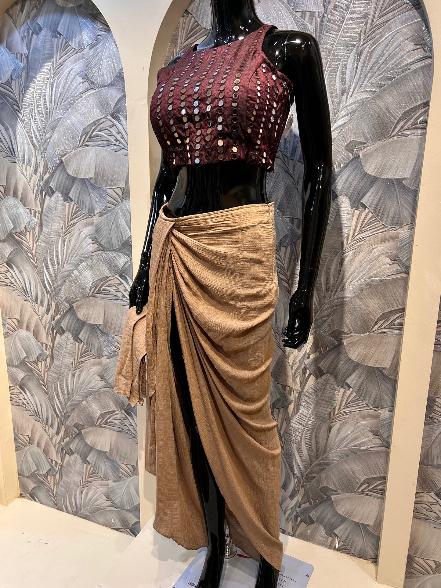 Brown and Beige Cotton Drape Set with Mirror Work Blouse