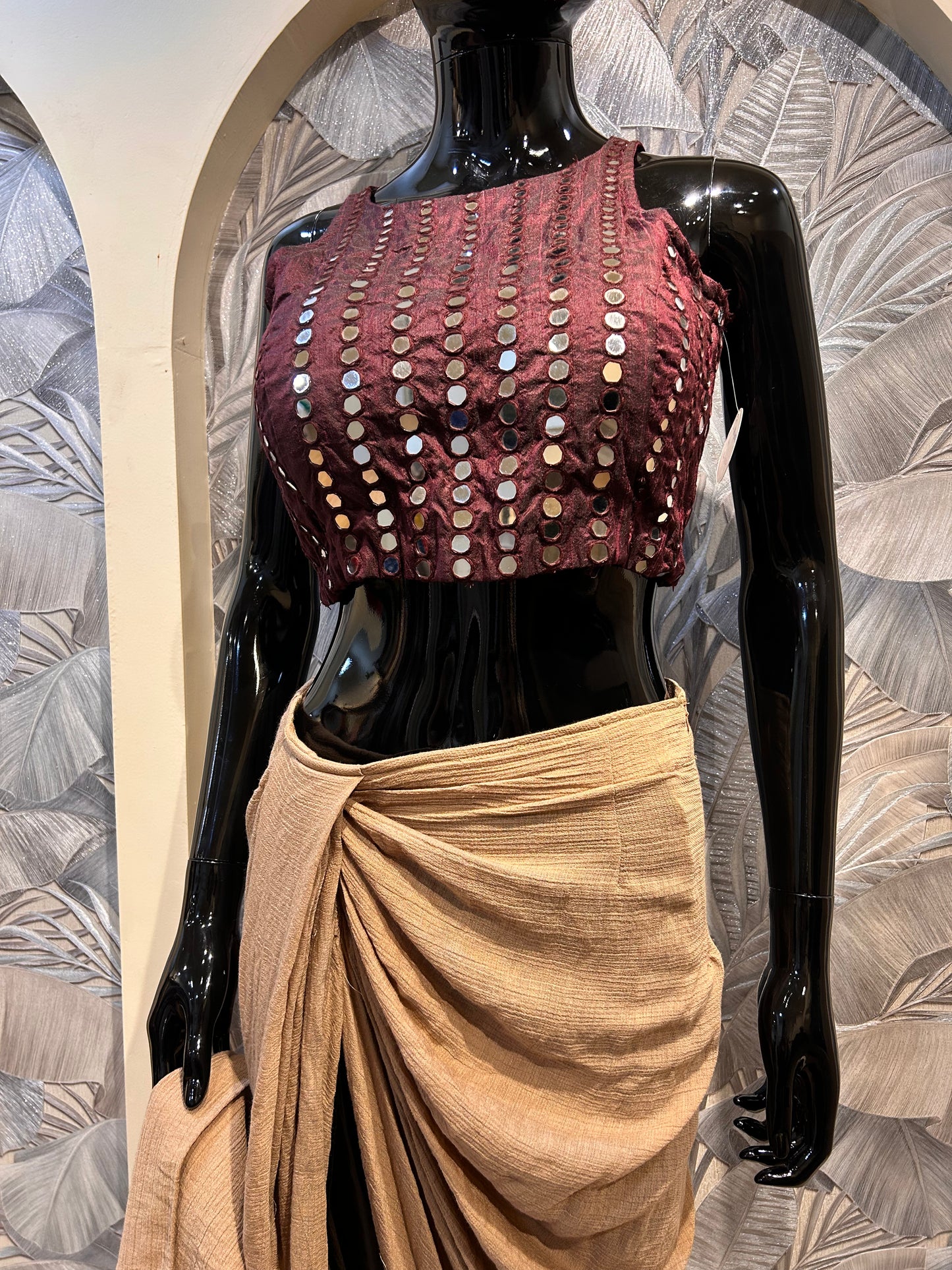 Brown and Beige Cotton Drape Set with Mirror Work Blouse
