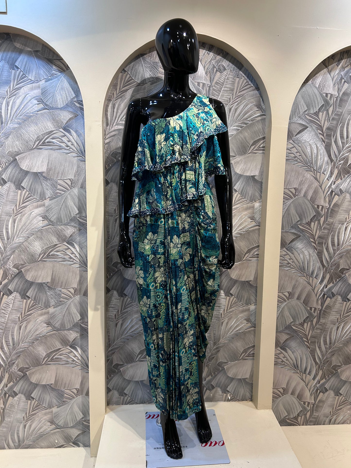 Multicolored Printed Chiffon One-Shoulder Ruffle Set