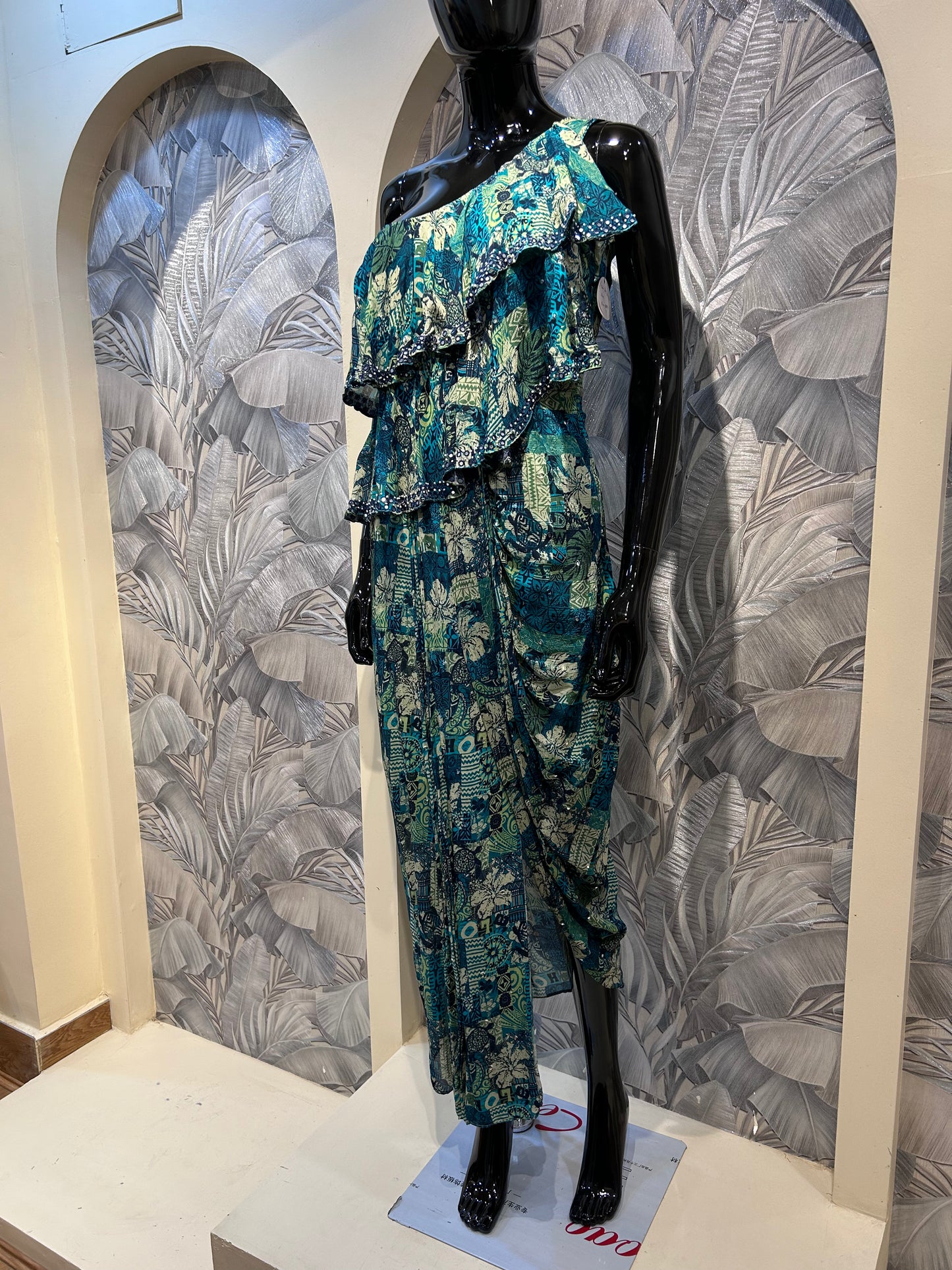 Multicolored Printed Chiffon One-Shoulder Ruffle Set