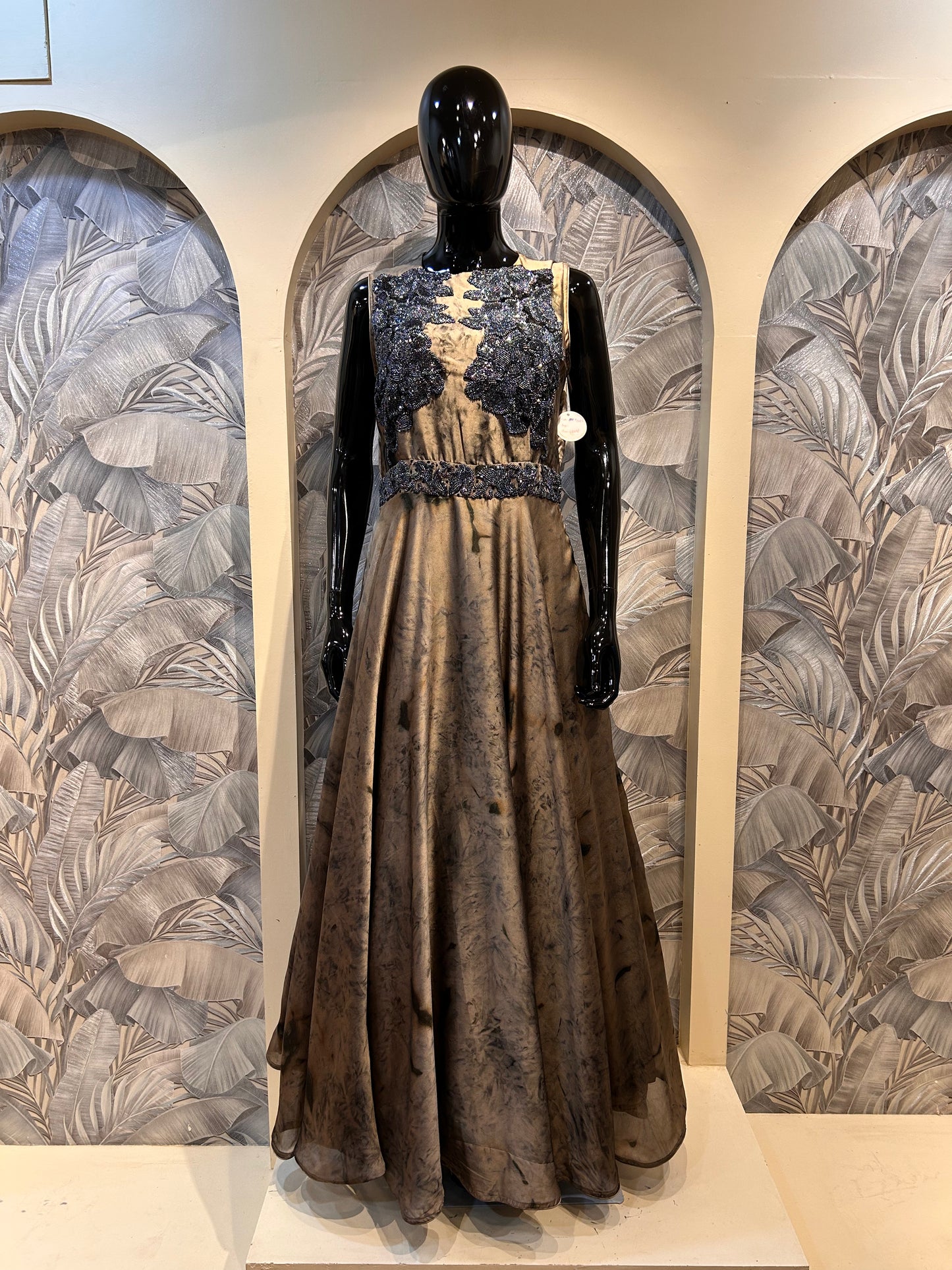 Old Burgundy Georgette Gown with Beaded Appliqué