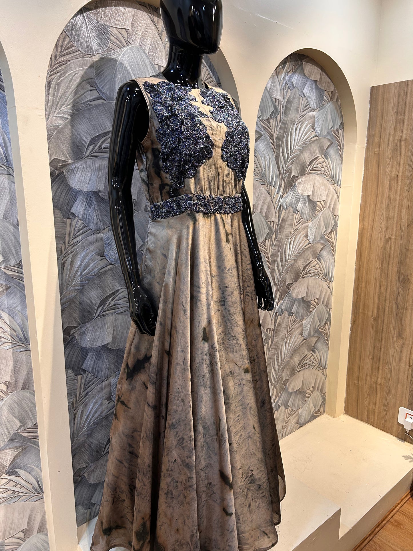 Old Burgundy Georgette Gown with Beaded Appliqué