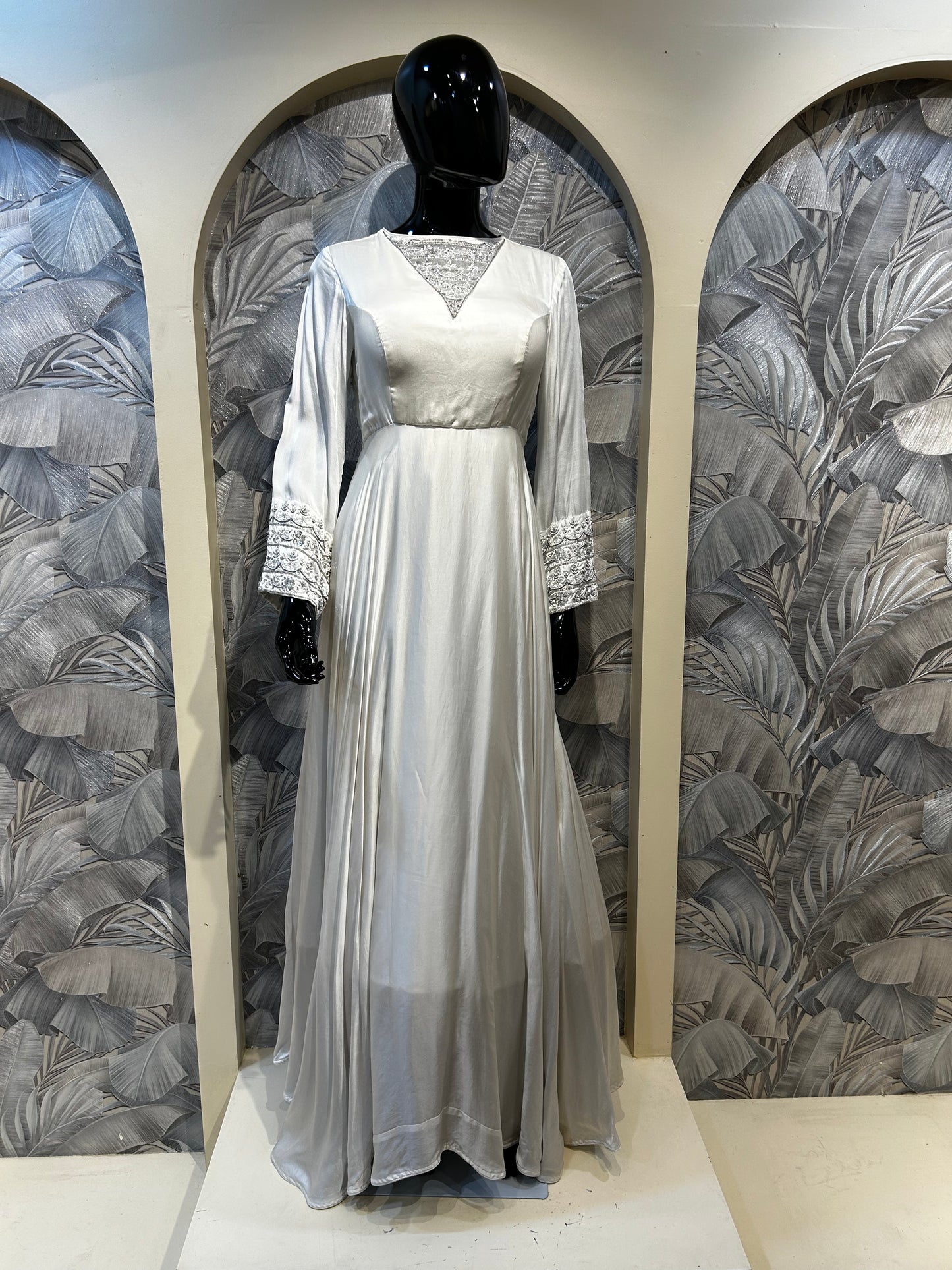 White Satin Gown with Embroidered Cuffs and Yoke