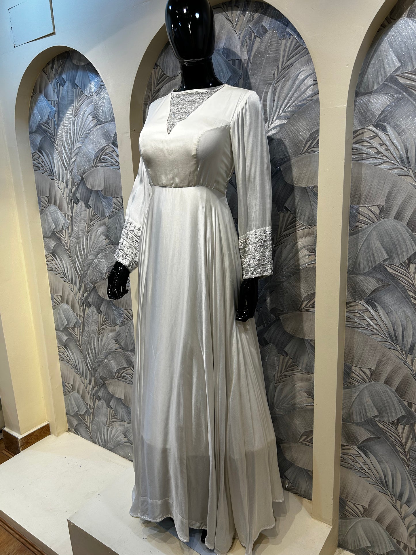 White Satin Gown with Embroidered Cuffs and Yoke