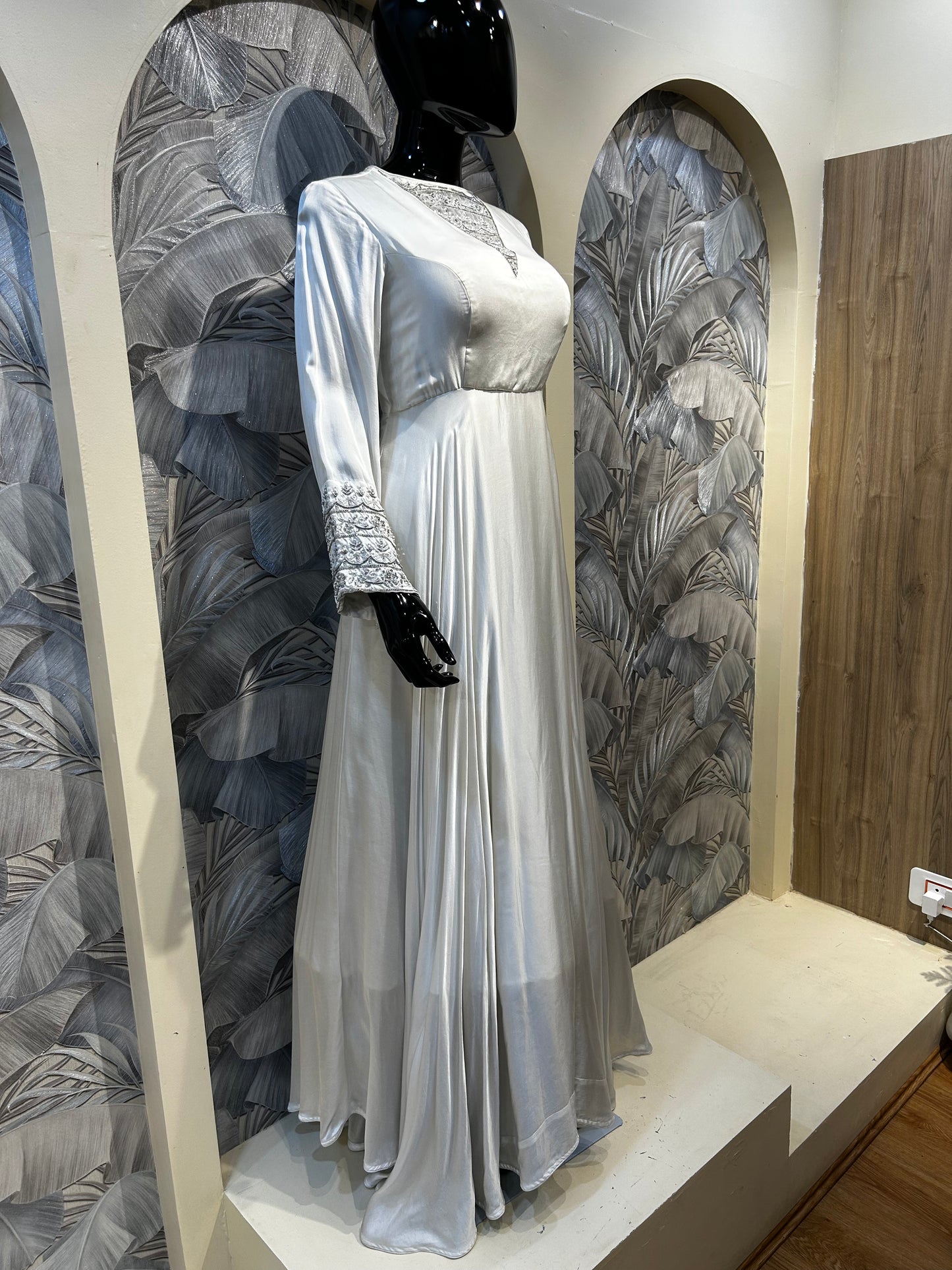 White Satin Gown with Embroidered Cuffs and Yoke
