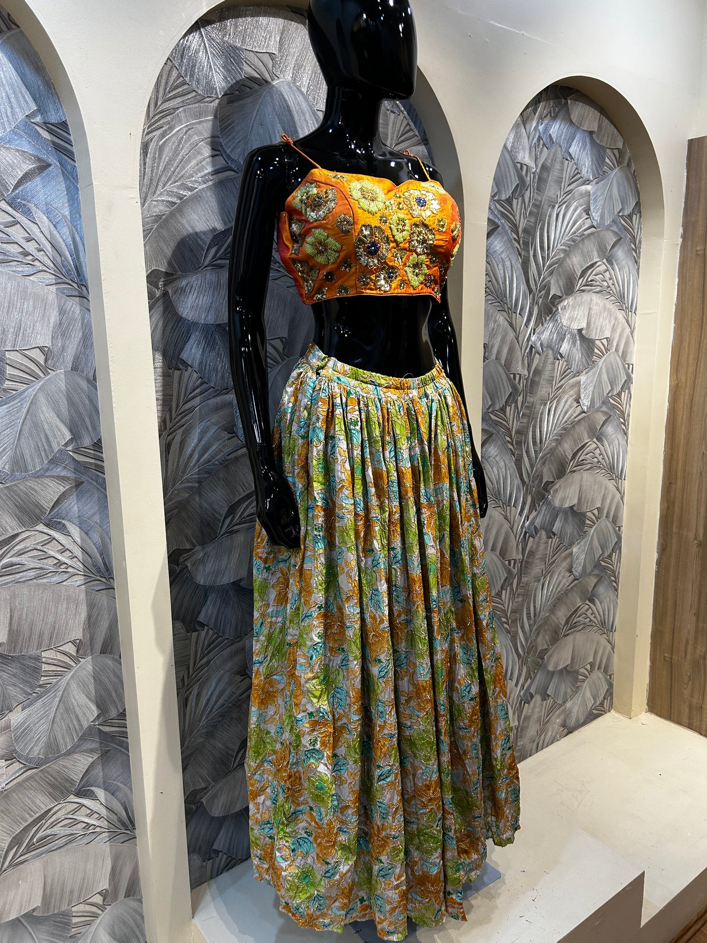 Orange Silk Blouse with Multicolored Skirt and Hand-Embroidered Detailing