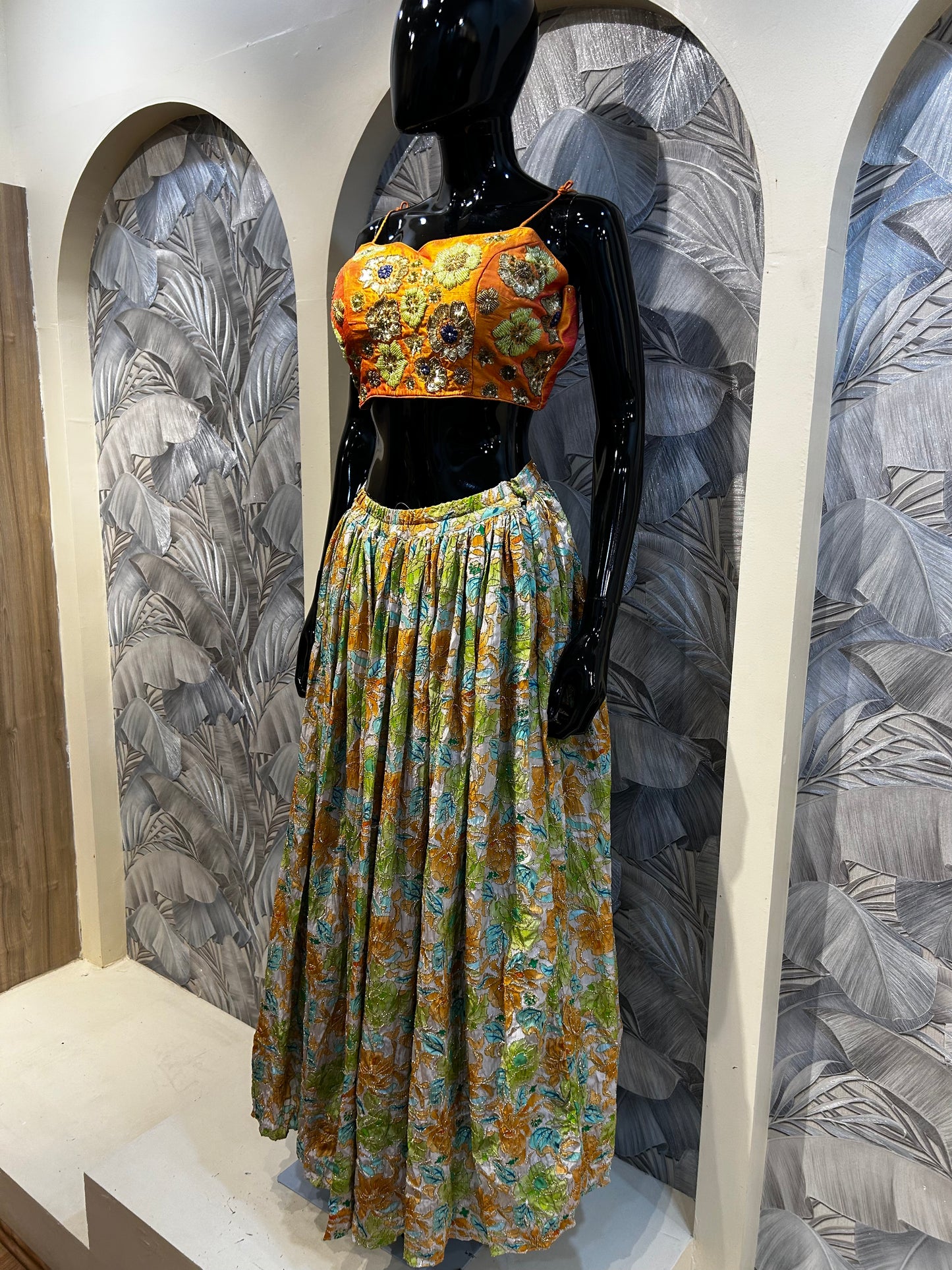 Orange Silk Blouse with Multicolored Skirt and Hand-Embroidered Detailing