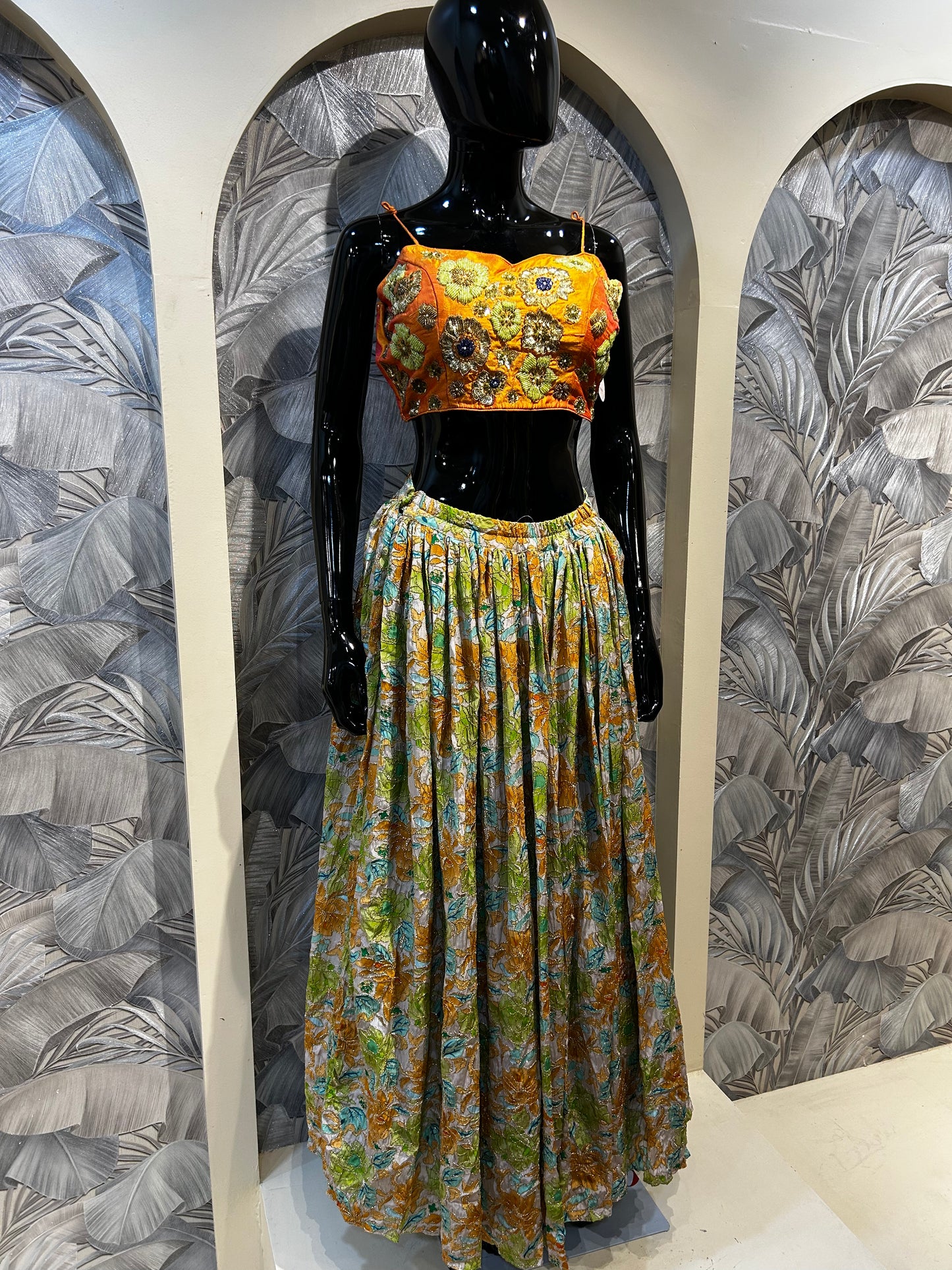 Orange Silk Blouse with Multicolored Skirt and Hand-Embroidered Detailing