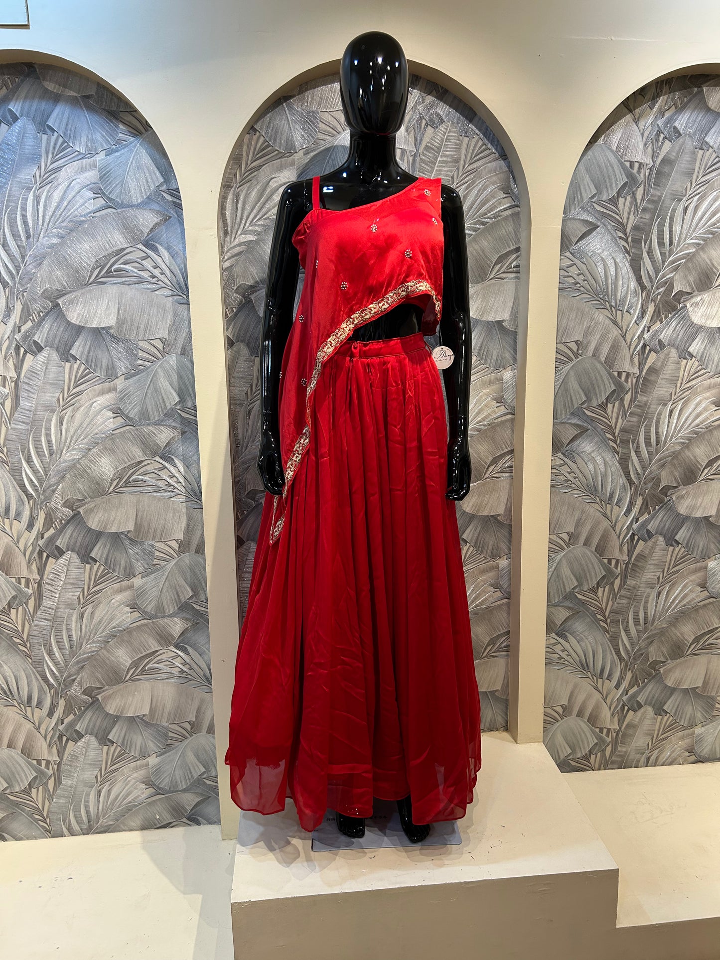 Lava Red 3-Piece Draped Organza Set with Asymmetric Blouse