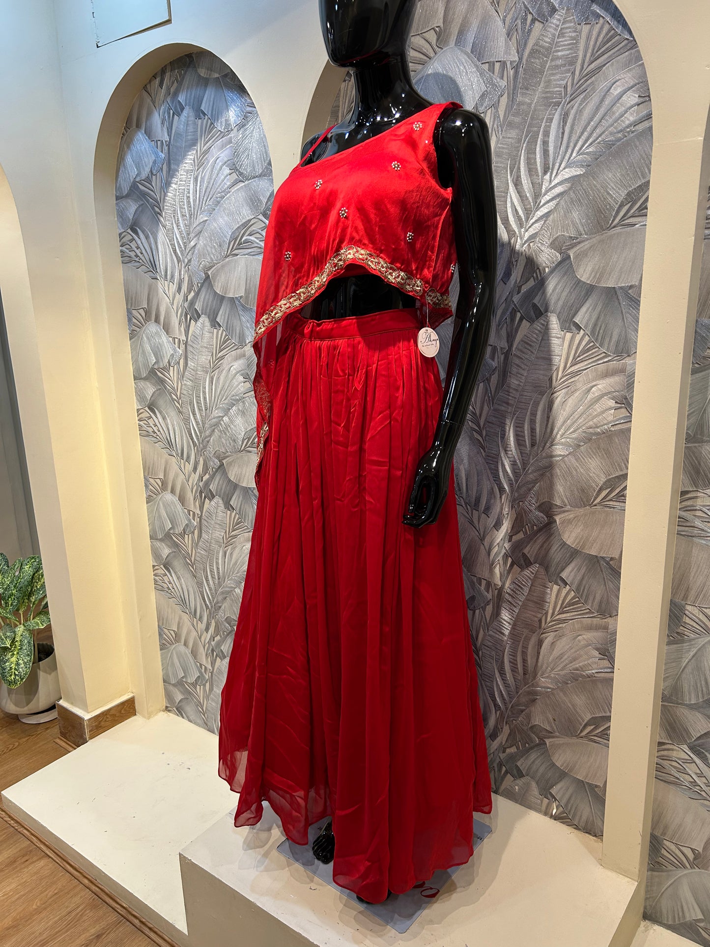 Lava Red 3-Piece Draped Organza Set with Asymmetric Blouse