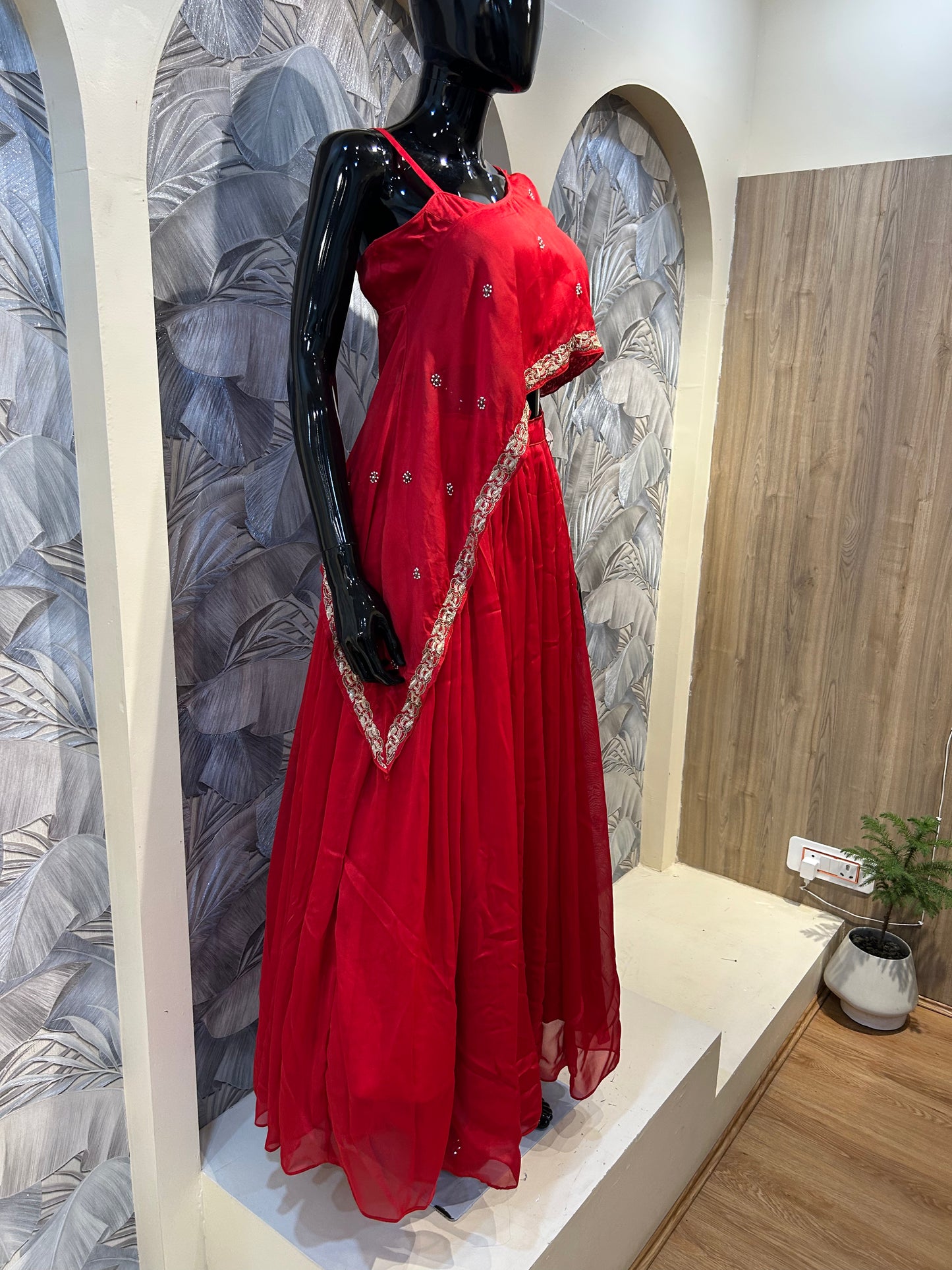 Lava Red 3-Piece Draped Organza Set with Asymmetric Blouse