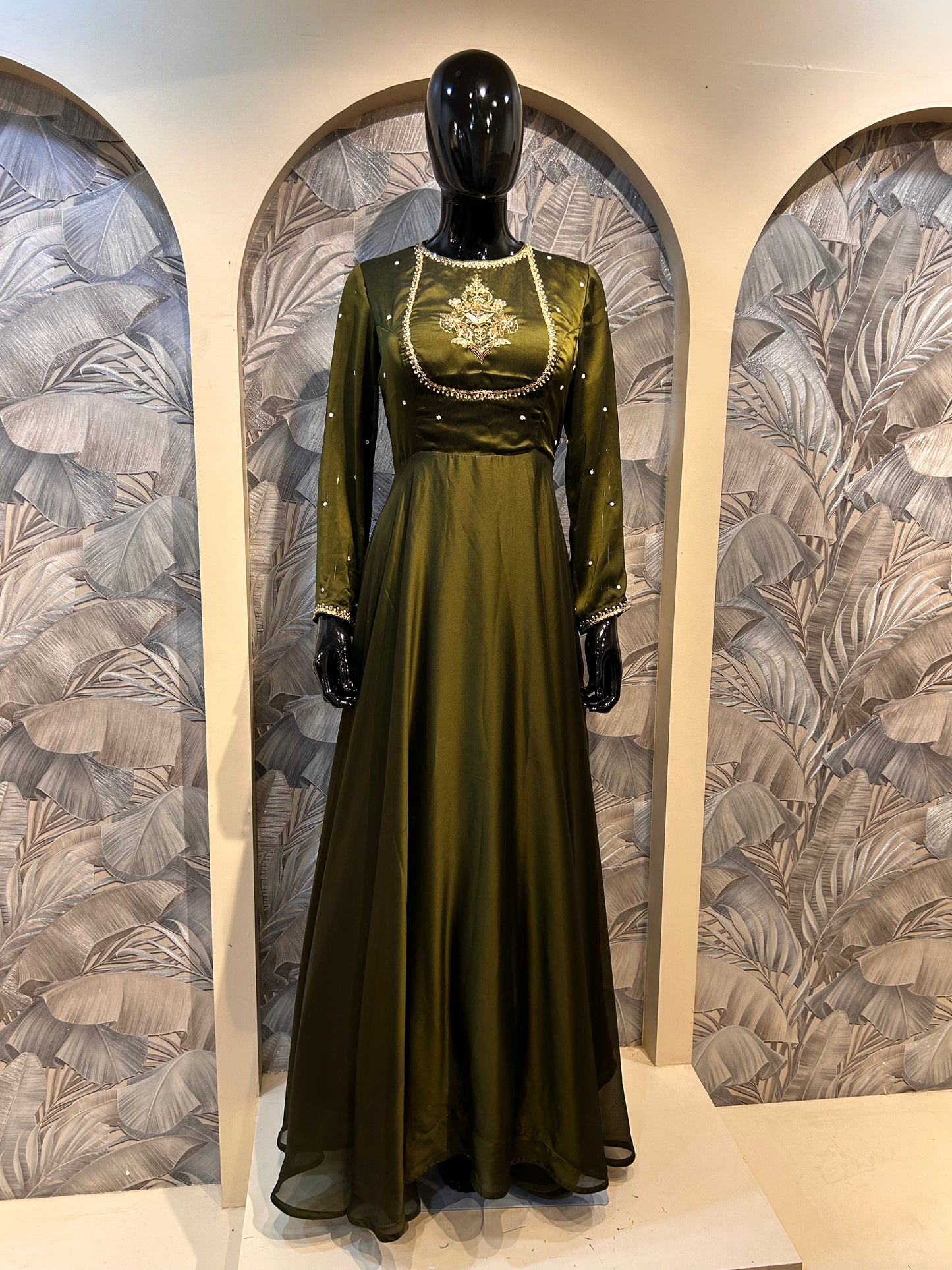 Spanish Bistre Organza Gown with Pearl Accents and Embroidered Motif