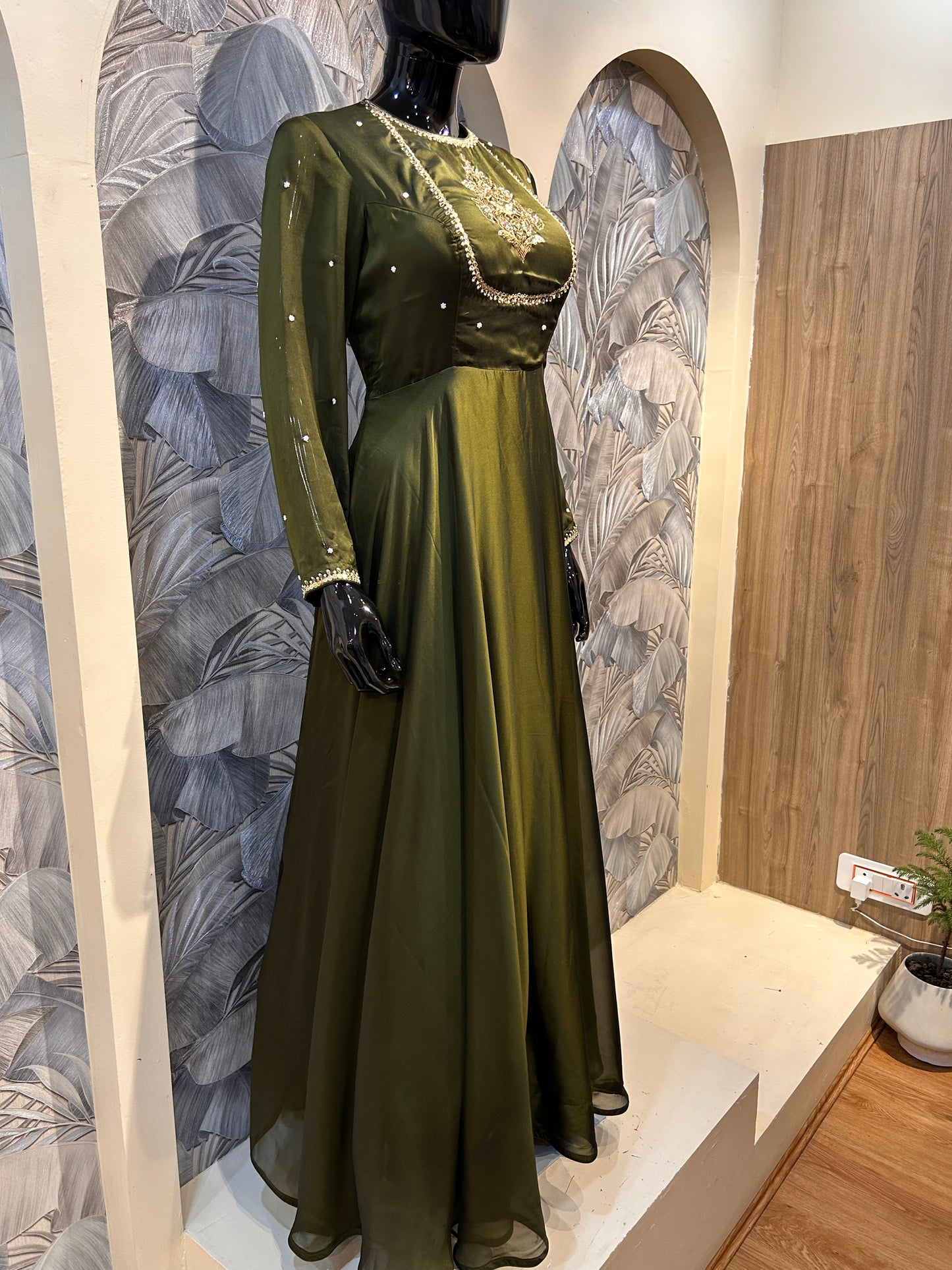 Spanish Bistre Organza Gown with Pearl Accents and Embroidered Motif