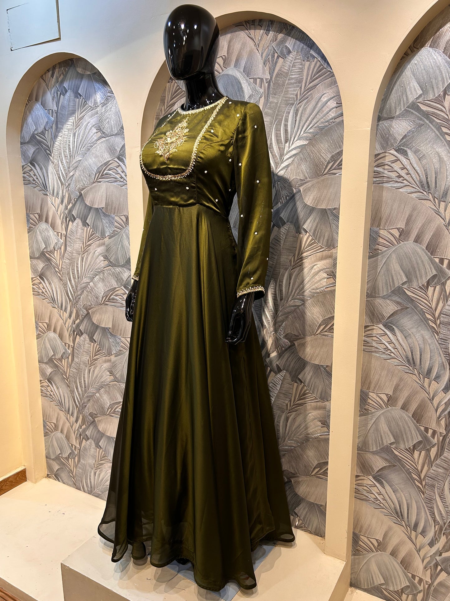 Spanish Bistre Organza Gown with Pearl Accents and Embroidered Motif