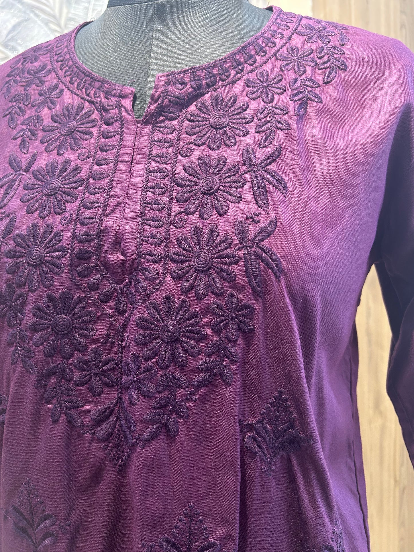 Japanese Violet Cotton Kurti with Floral Thread Embroidery