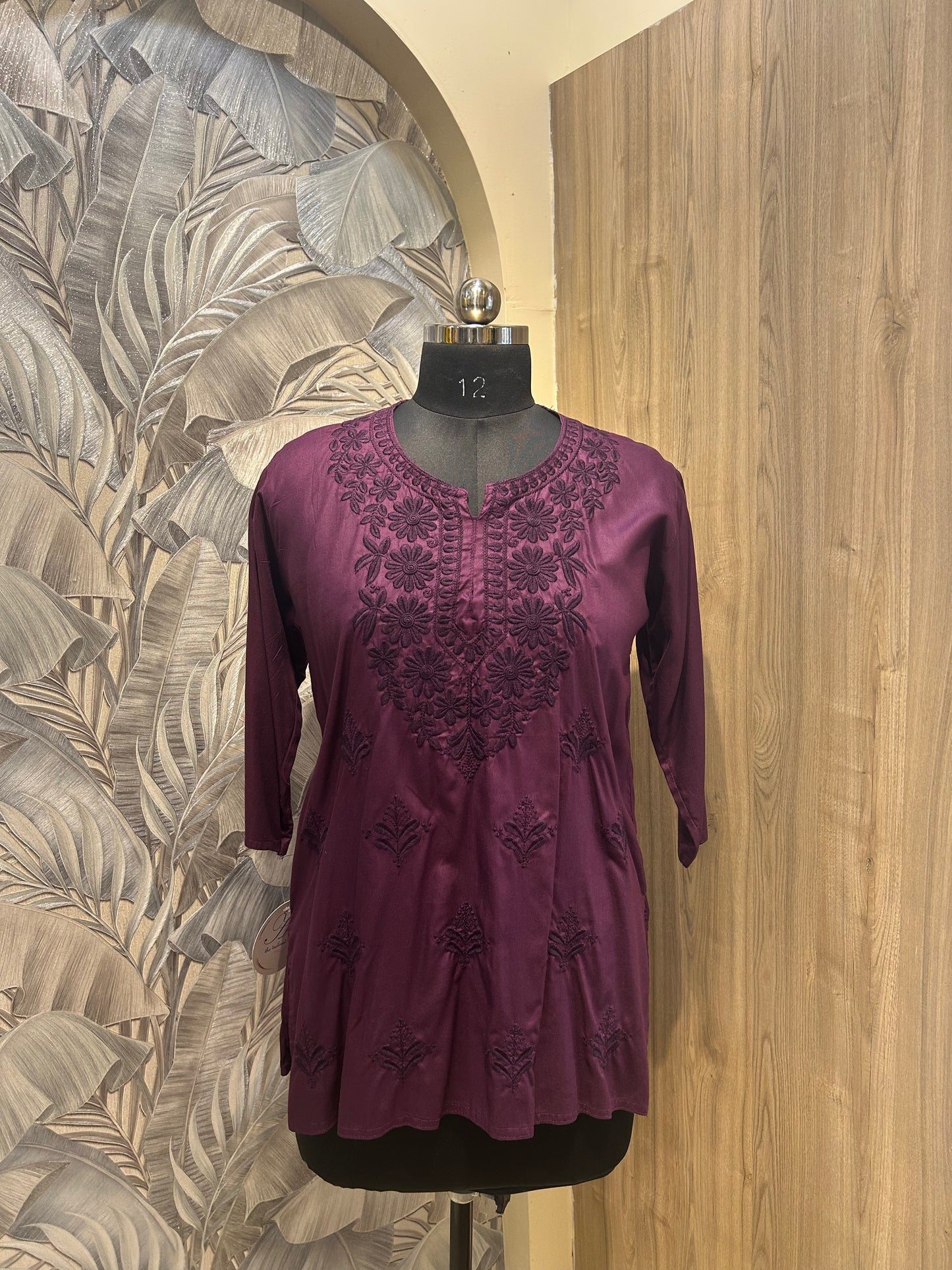 Japanese Violet Cotton Kurti with Floral Thread Embroidery