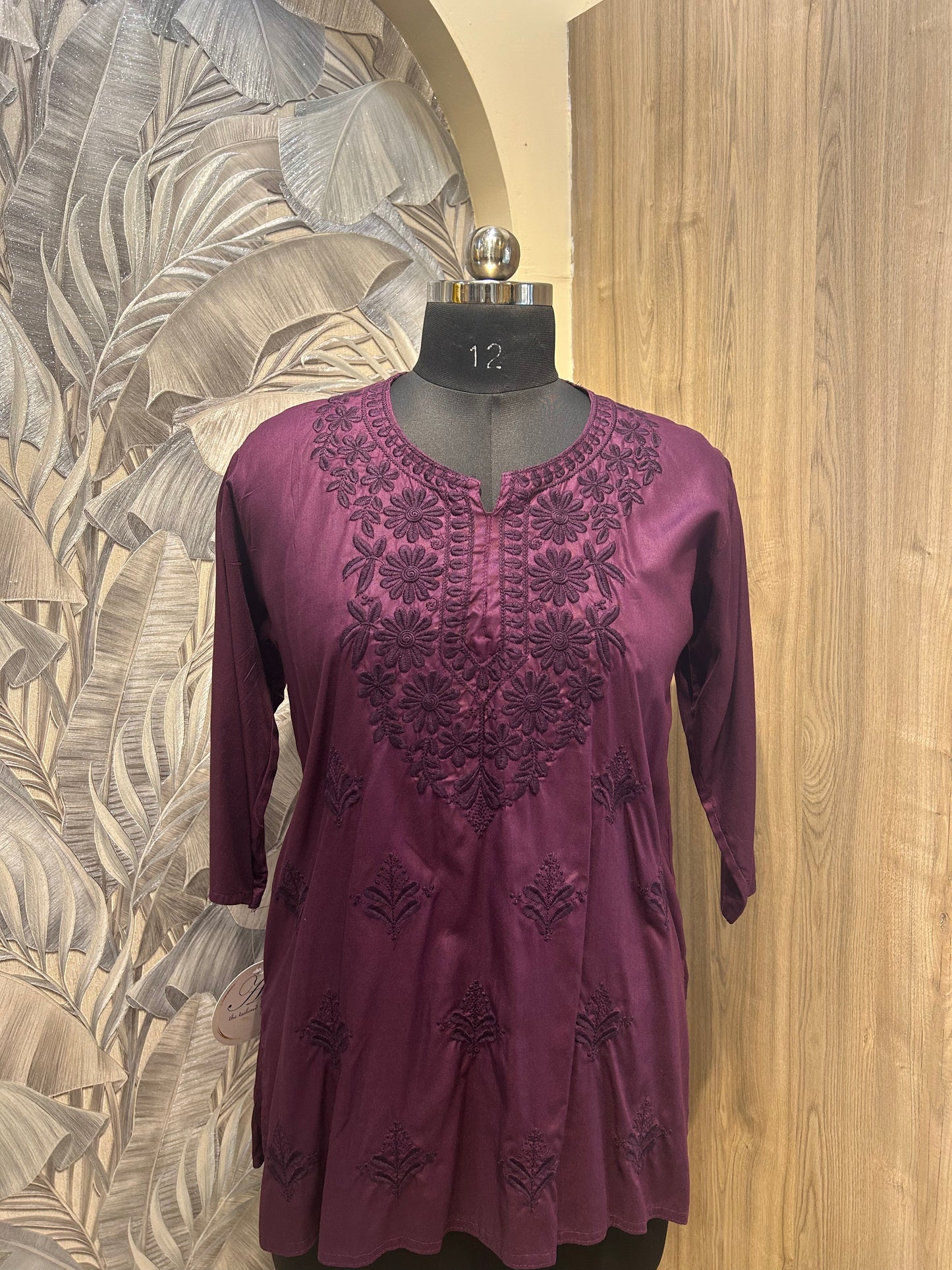Japanese Violet Cotton Kurti with Floral Thread Embroidery