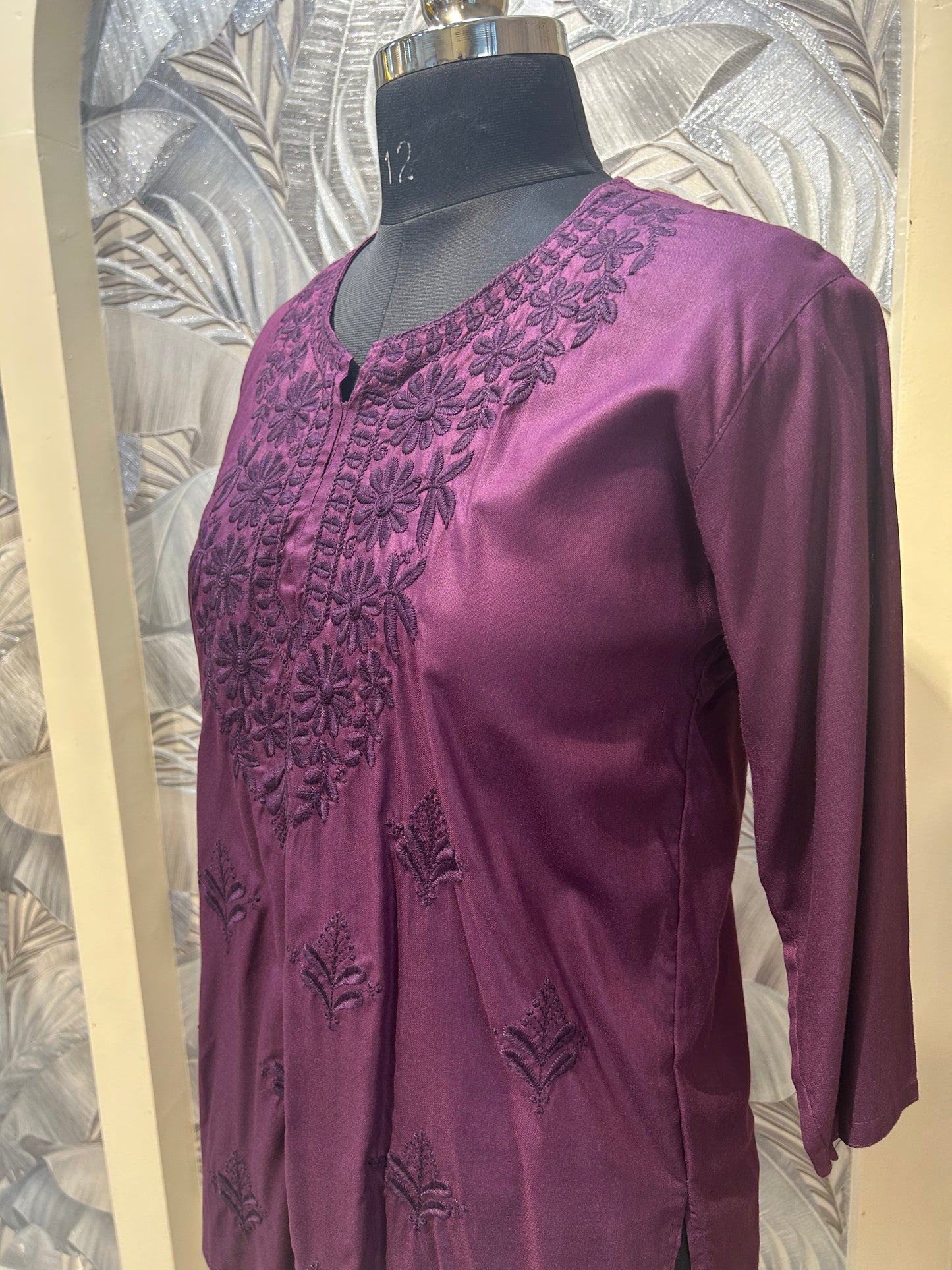 Japanese Violet Cotton Kurti with Floral Thread Embroidery