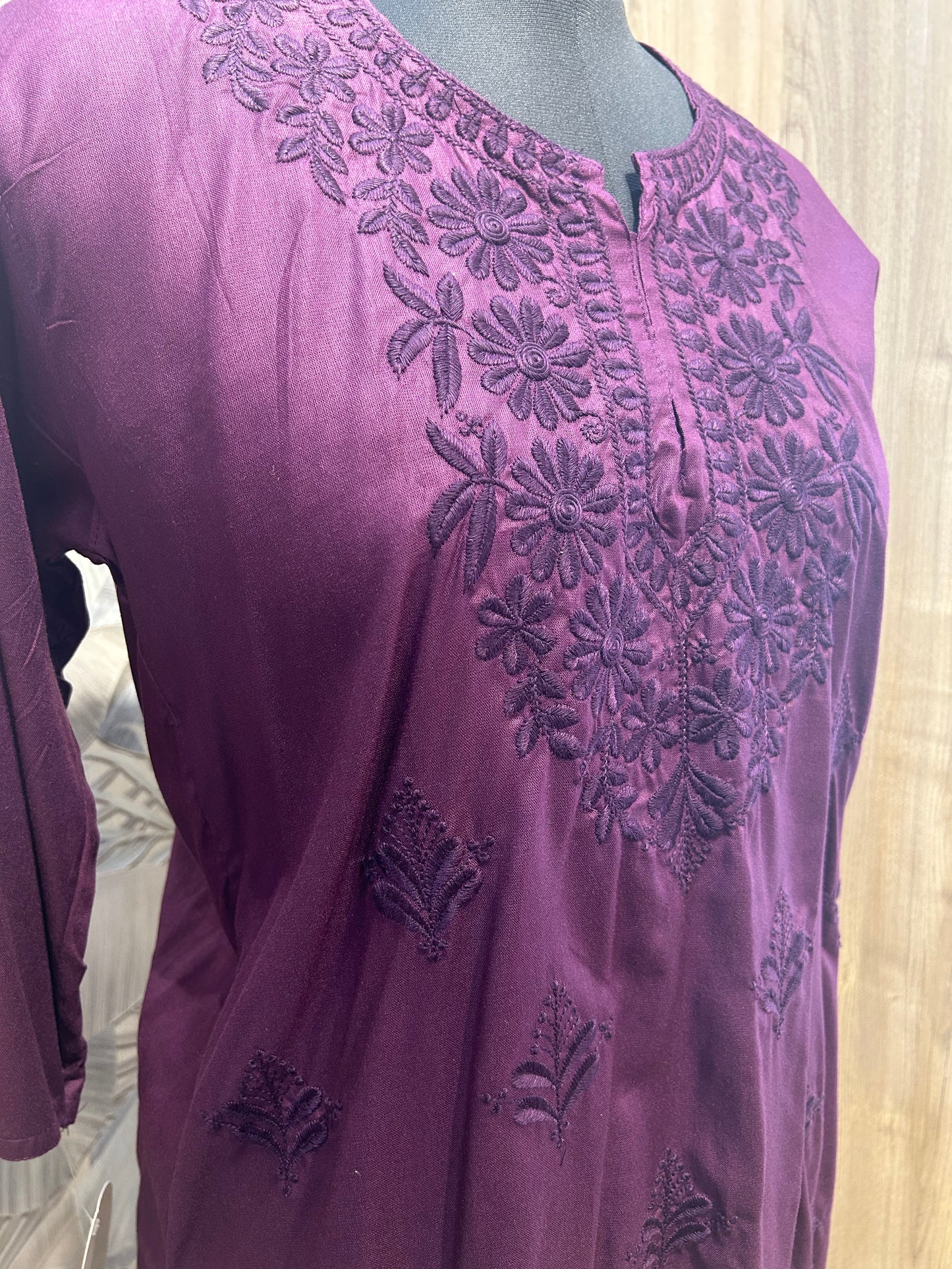 Japanese Violet Cotton Kurti with Floral Thread Embroidery