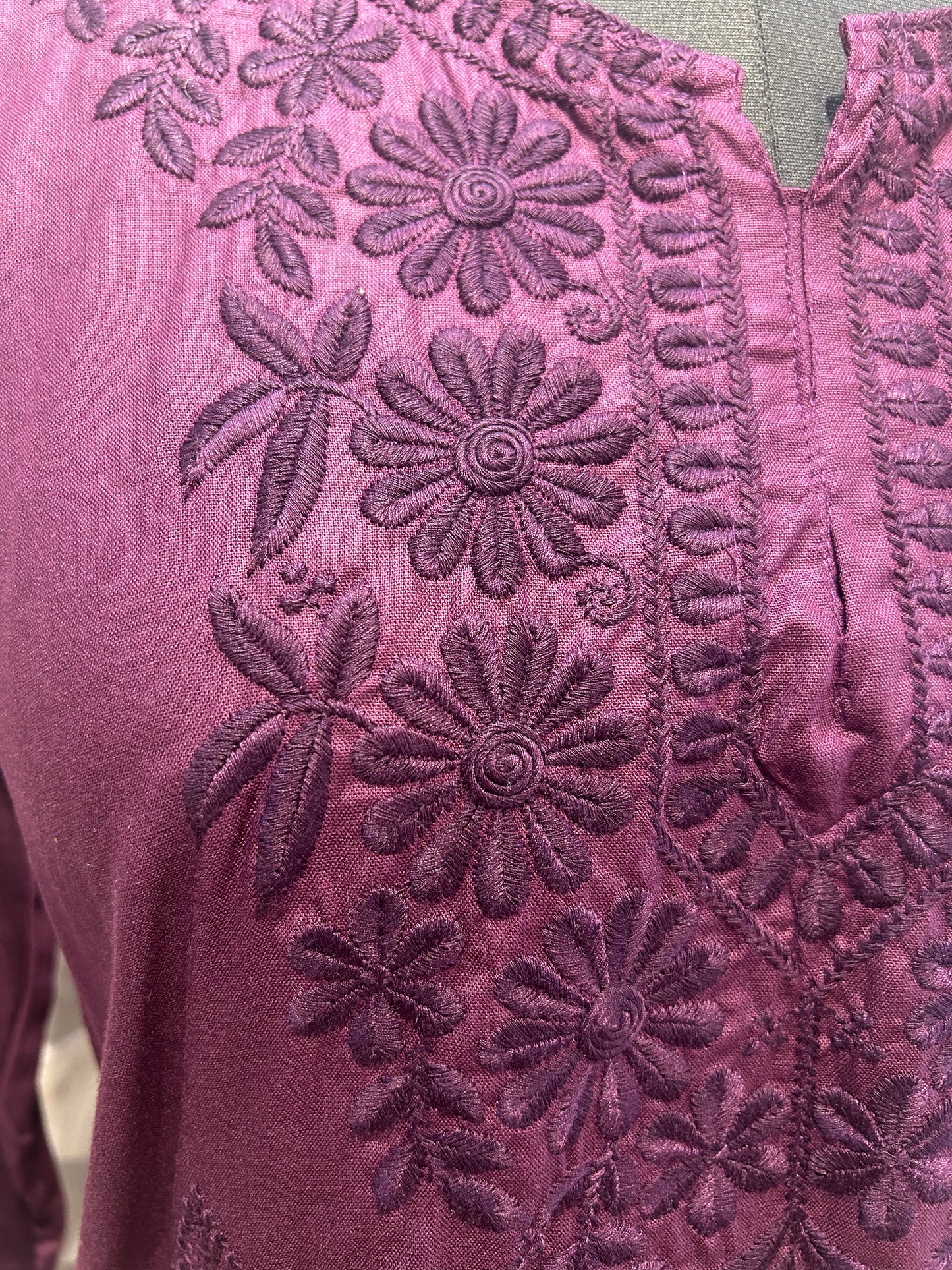 Japanese Violet Cotton Kurti with Floral Thread Embroidery