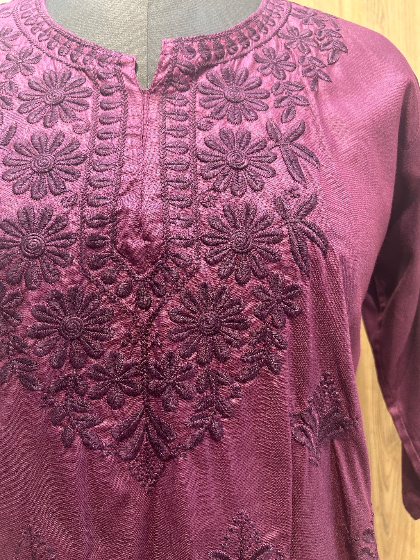 Japanese Violet Cotton Kurti with Floral Thread Embroidery