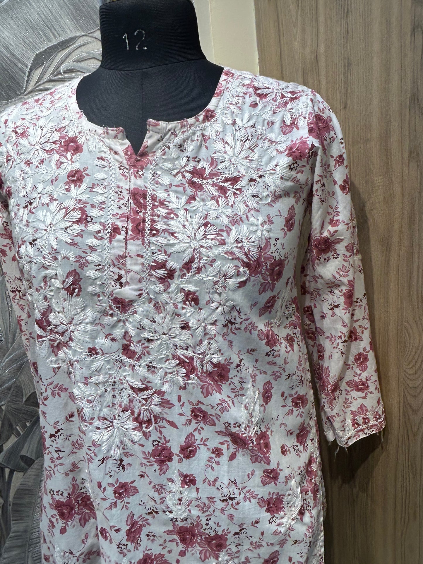 White Cotton Kurti with Mauve and Rose Floral Embroidery