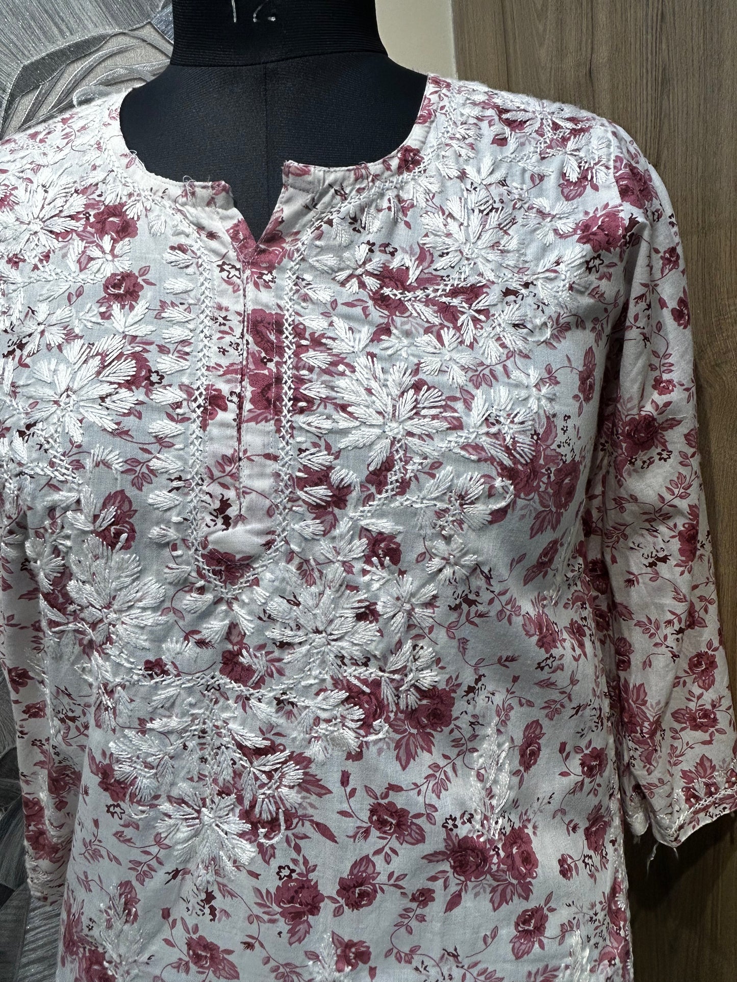 White Cotton Kurti with Mauve and Rose Floral Embroidery