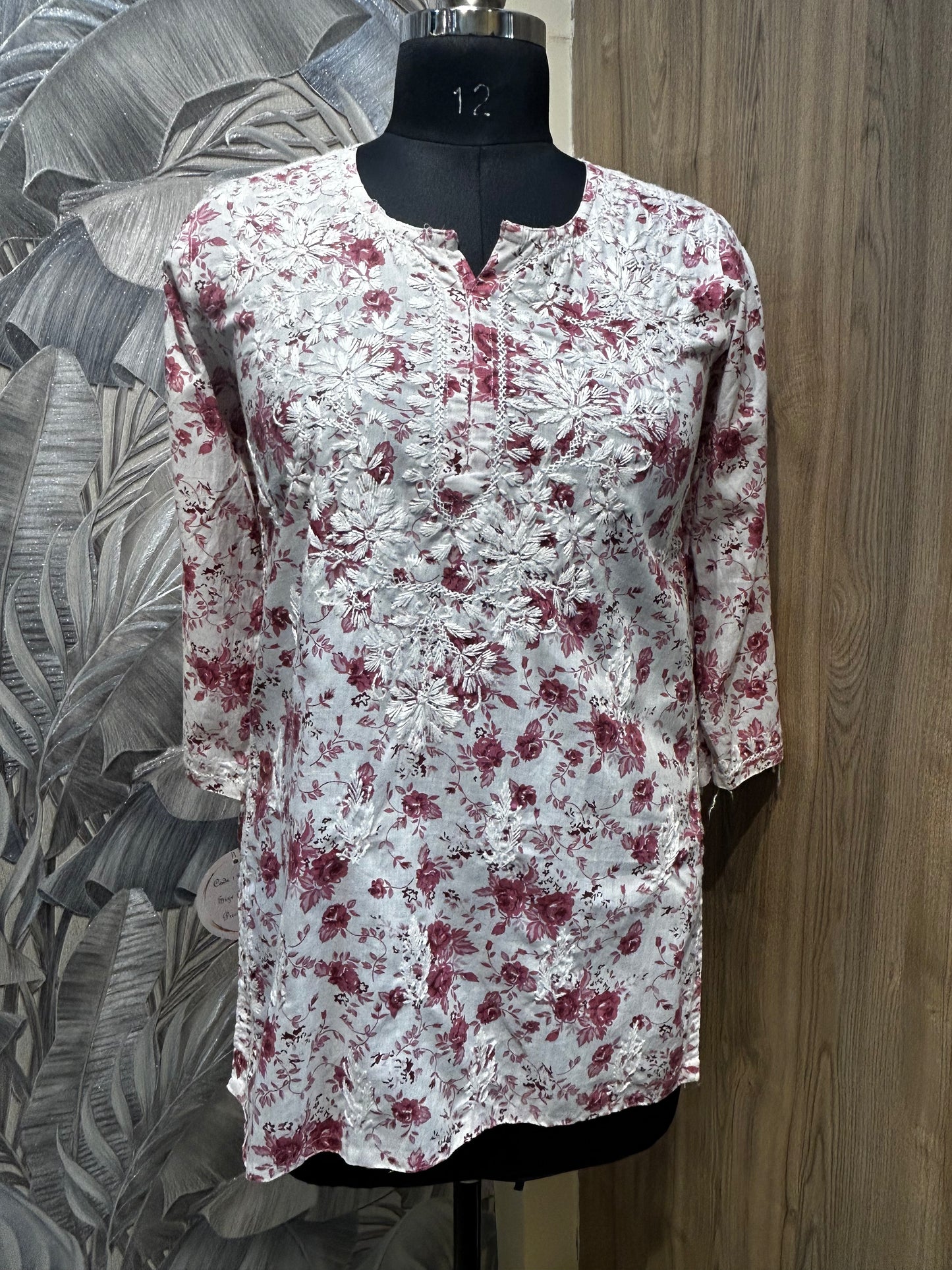 White Cotton Kurti with Mauve and Rose Floral Embroidery