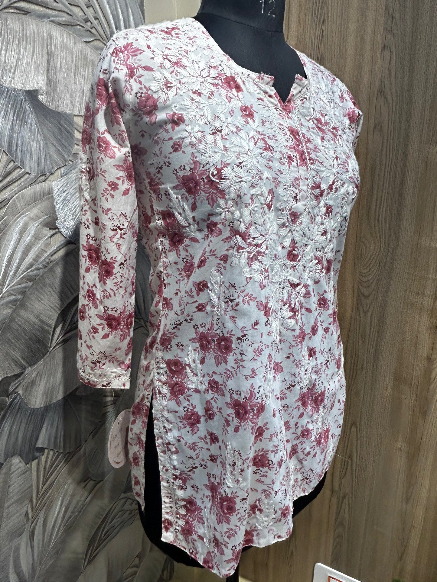 White Cotton Kurti with Mauve and Rose Floral Embroidery