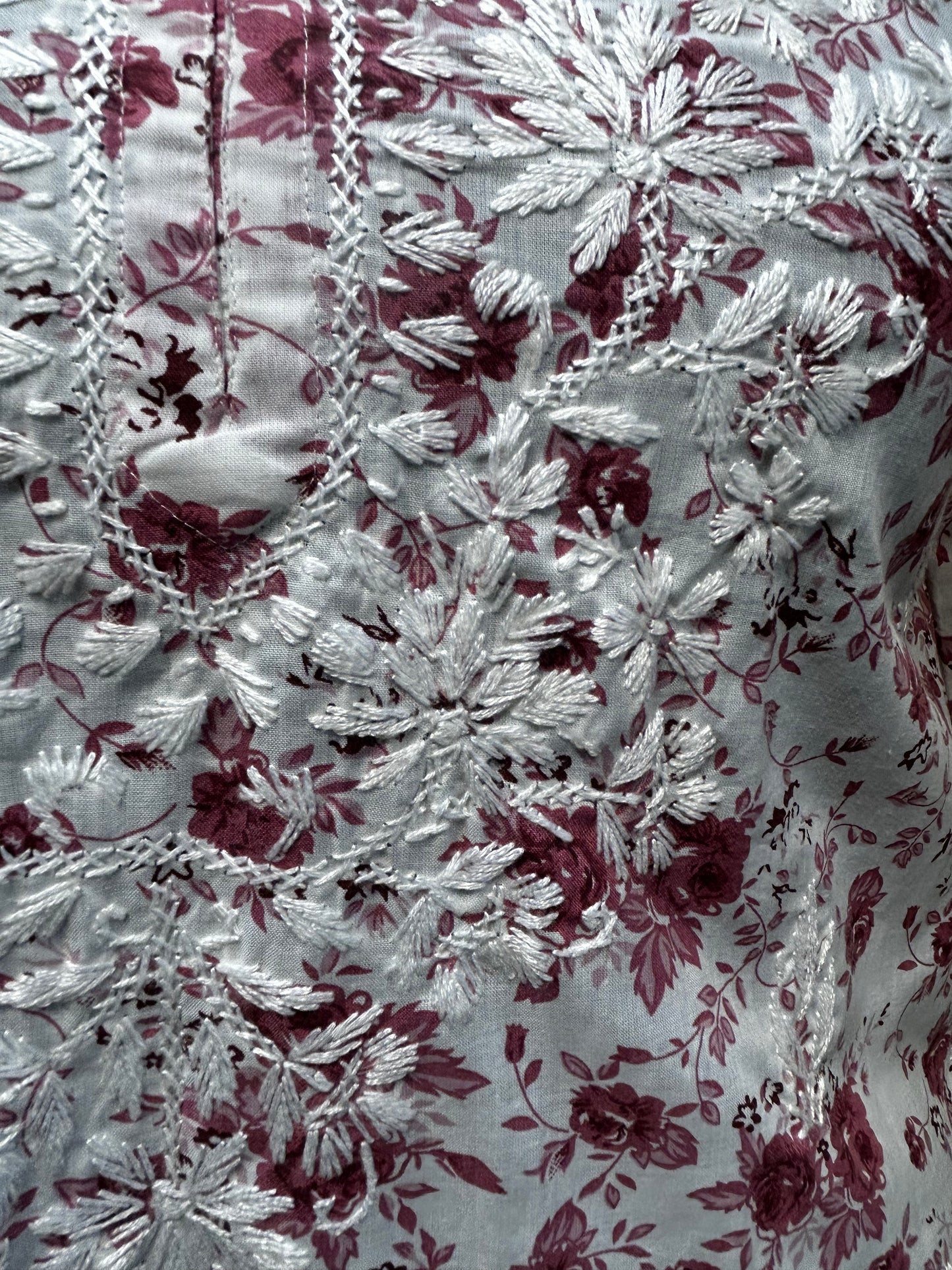 White Cotton Kurti with Mauve and Rose Floral Embroidery