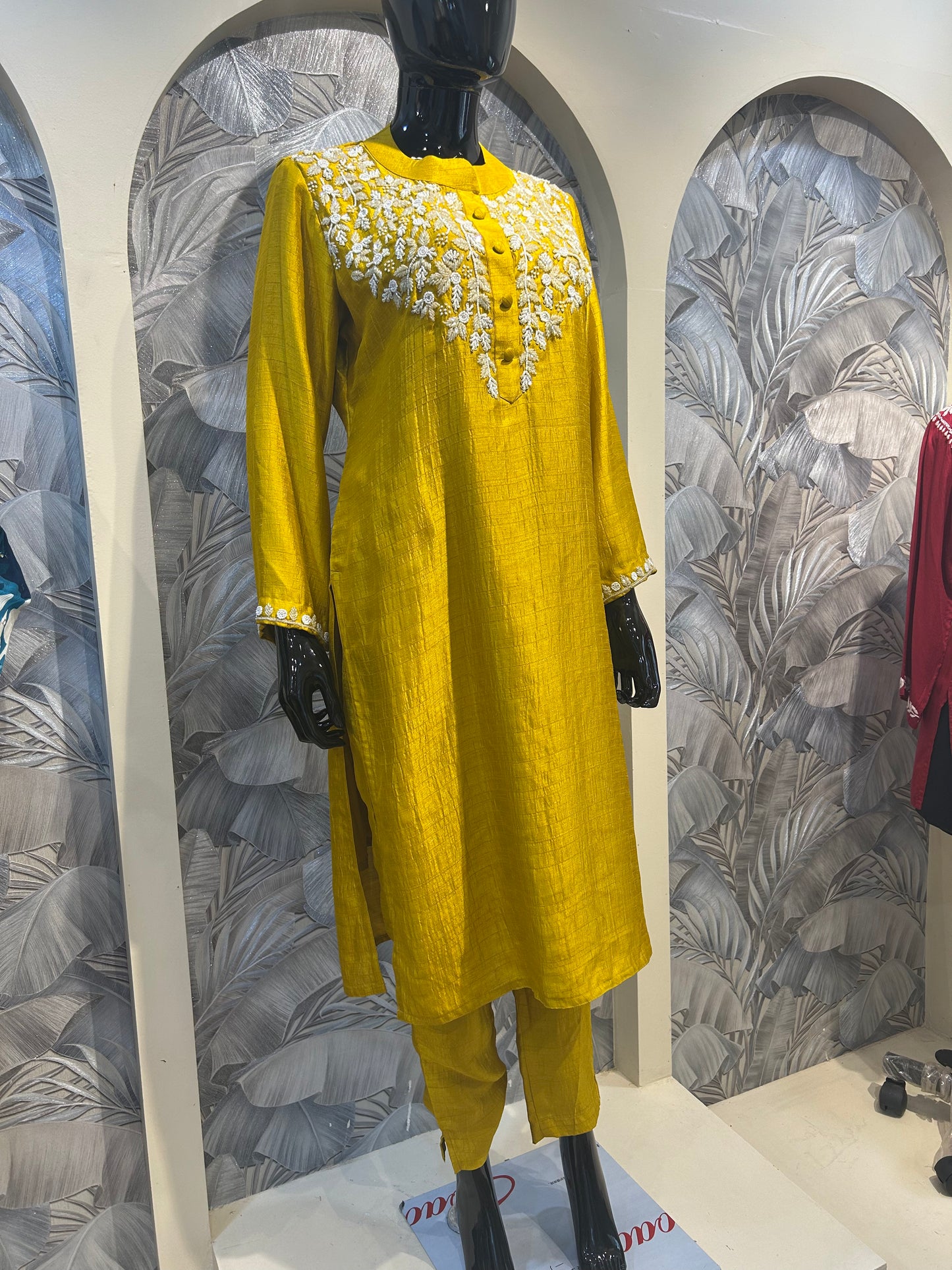 Harvest Gold Silk Suit with White Embroidery