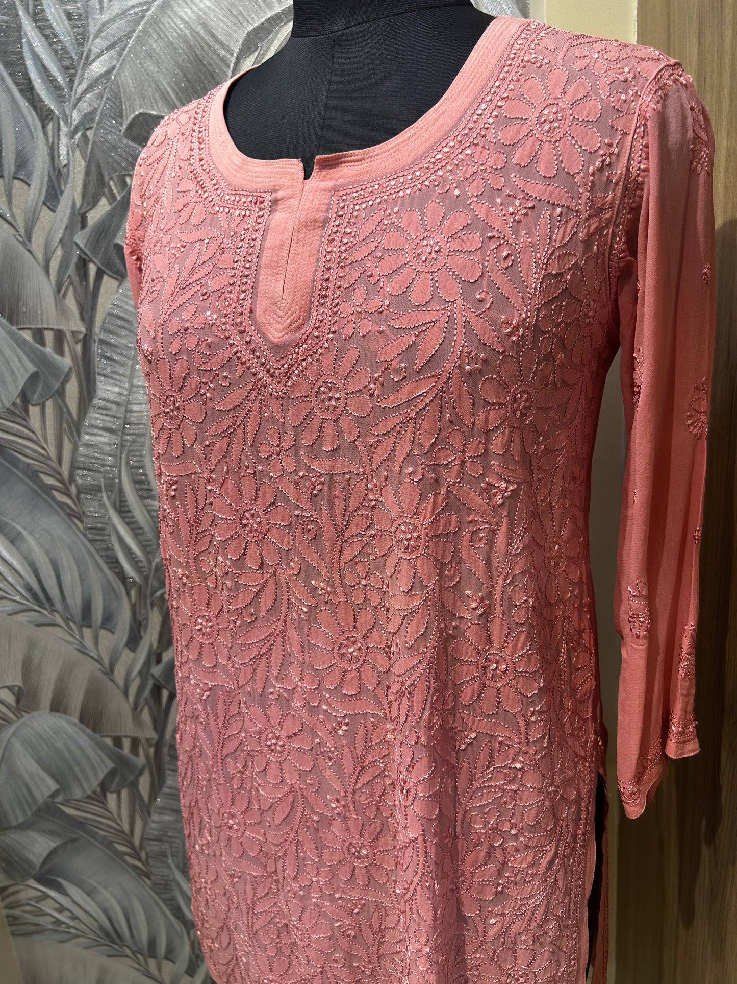 New York Pink Chiffon Embroidered Kurti