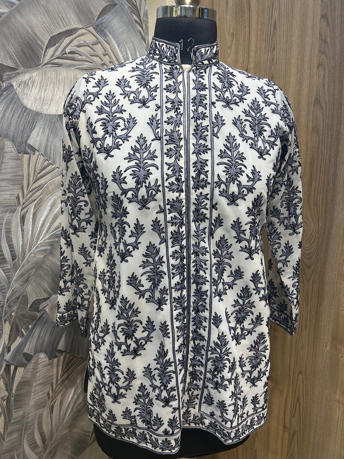 Ivory Georgette Kurti with Grey Embroidery and Black Outlines
