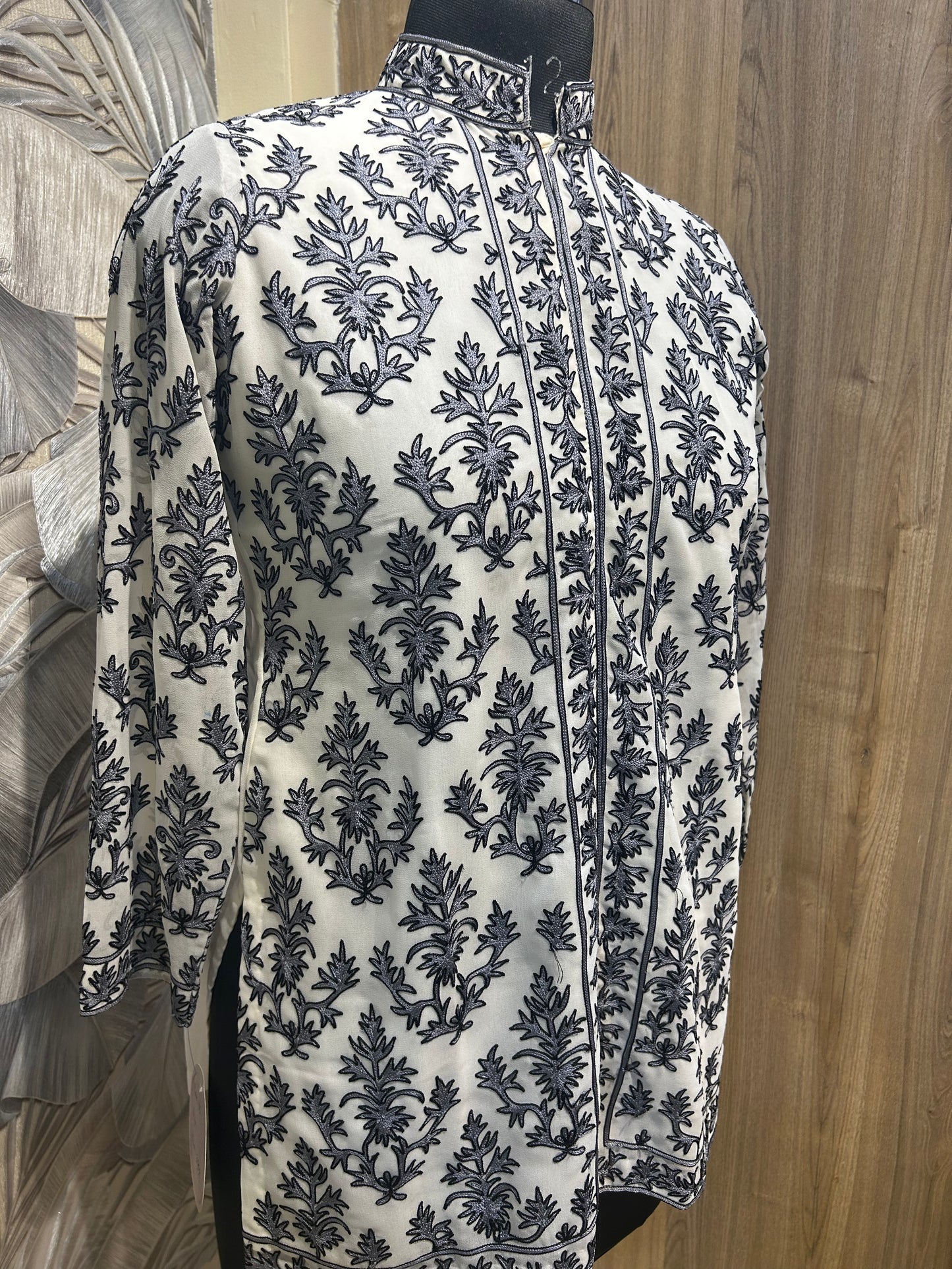 Ivory Georgette Kurti with Grey Embroidery and Black Outlines