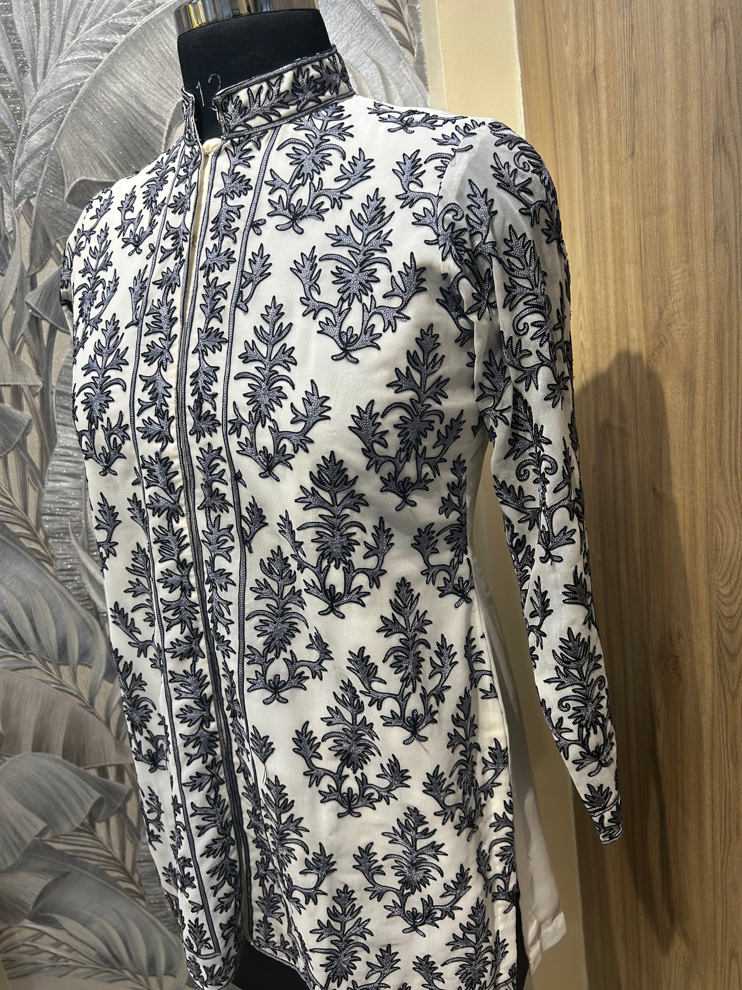 Ivory Georgette Kurti with Grey Embroidery and Black Outlines