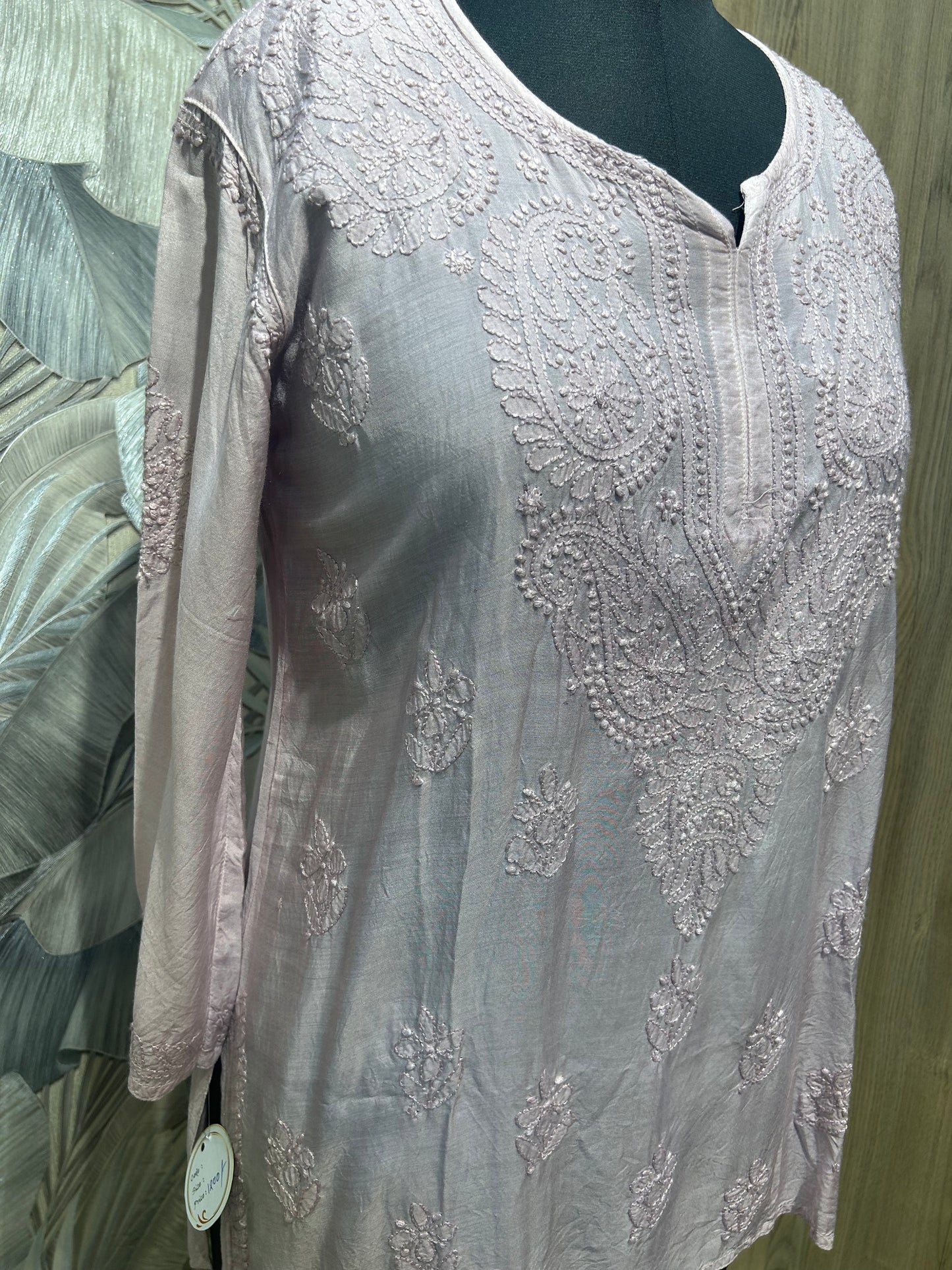 Light Pink Silk Kurti with Hand Embroidered Paisley Work