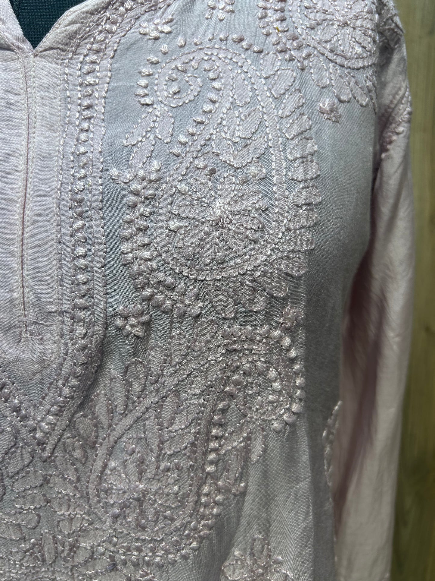 Light Pink Silk Kurti with Hand Embroidered Paisley Work
