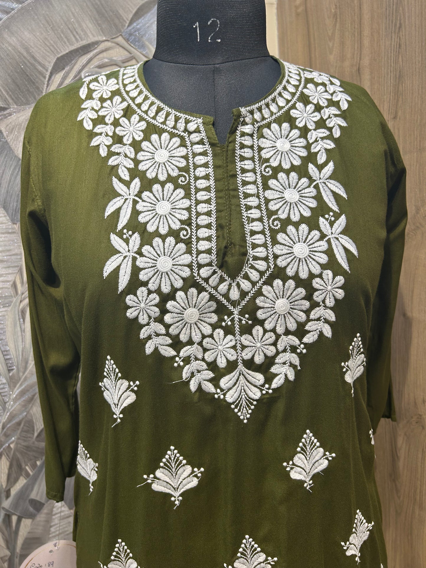 Pullman Green Cotton Kurti with White Floral Embroidery