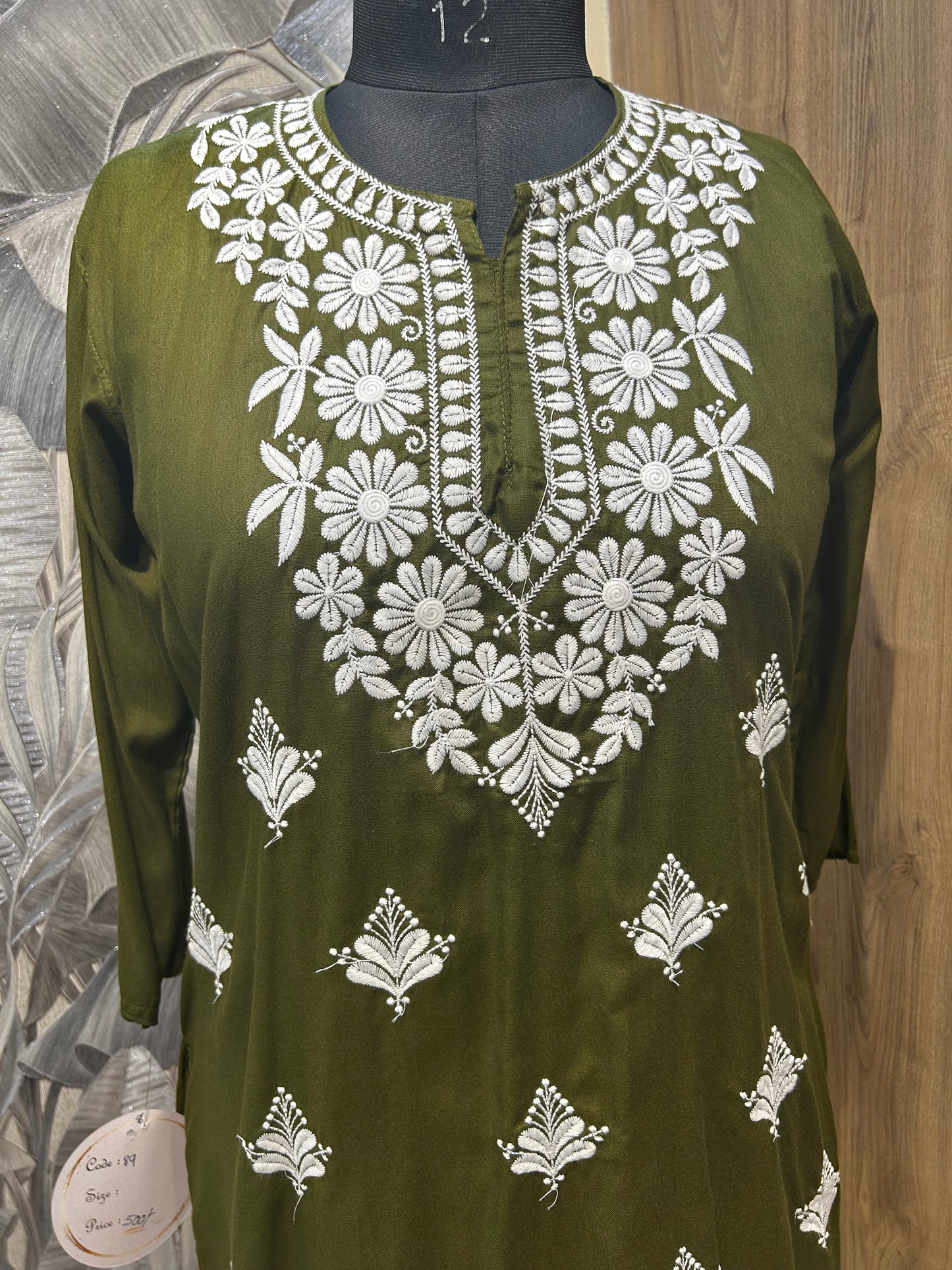 Pullman Green Cotton Kurti with White Floral Embroidery