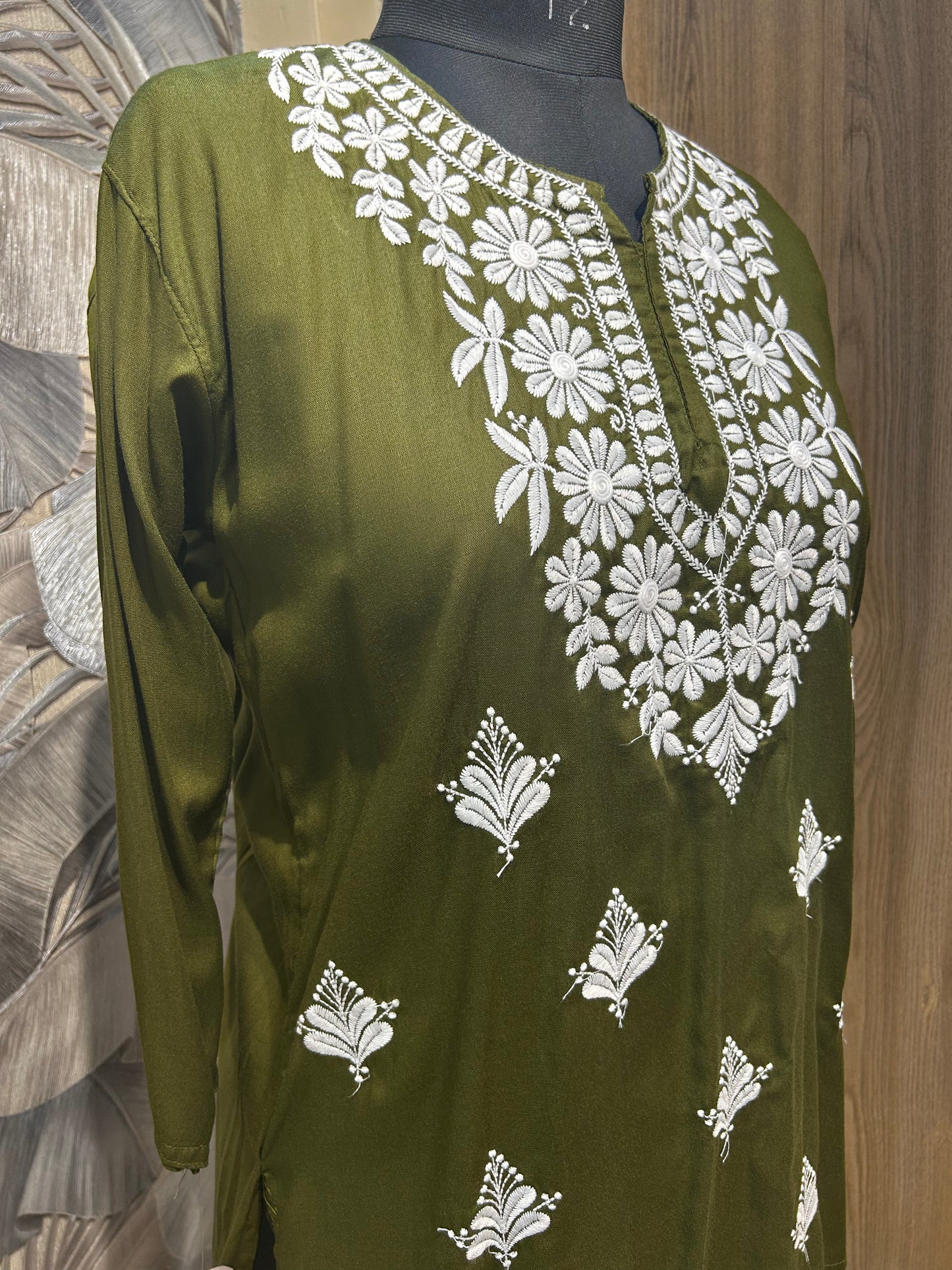 Pullman Green Cotton Kurti with White Floral Embroidery