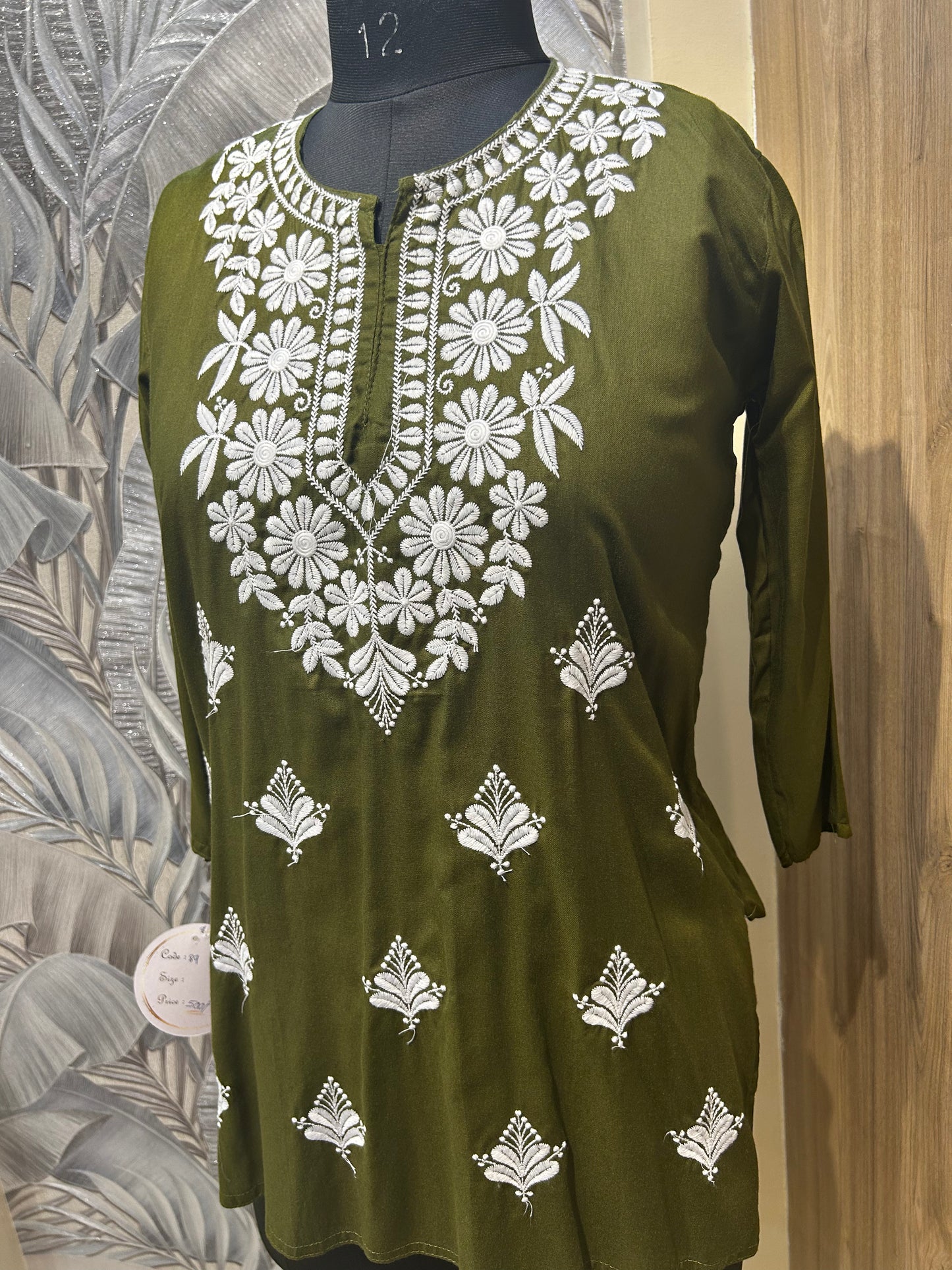 Pullman Green Cotton Kurti with White Floral Embroidery