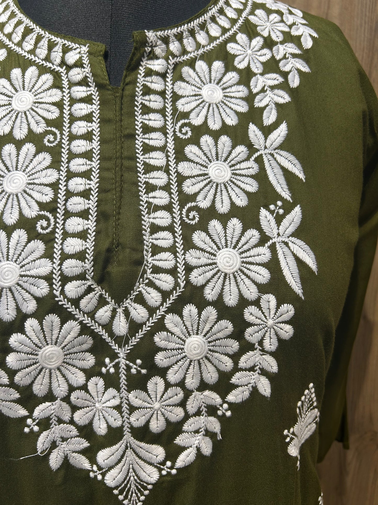 Pullman Green Cotton Kurti with White Floral Embroidery