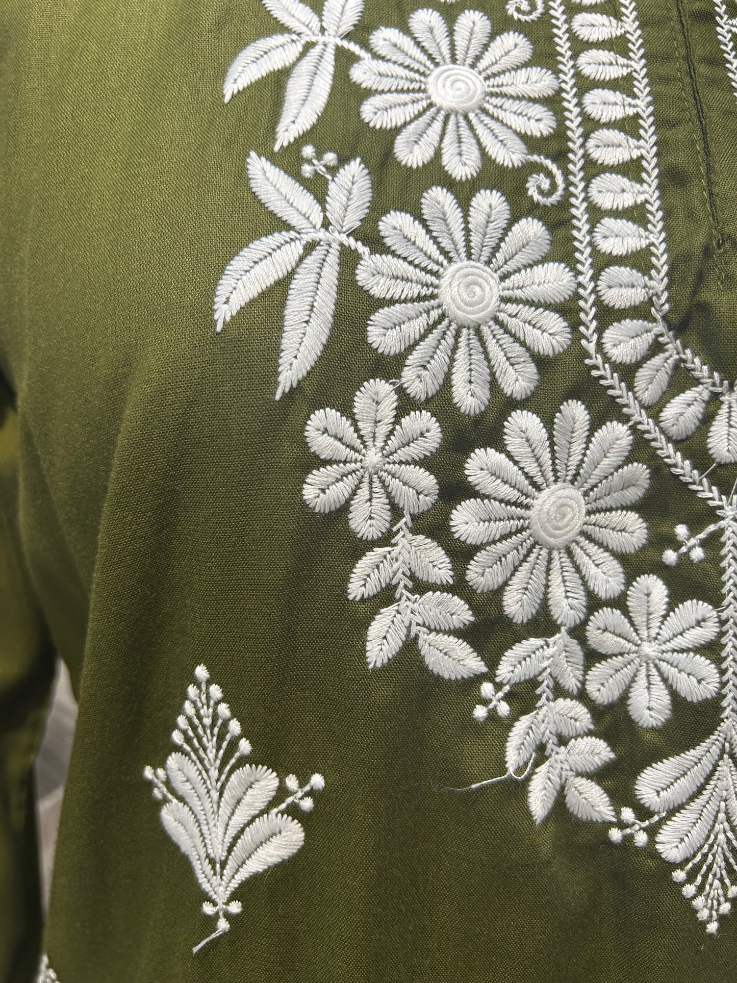 Pullman Green Cotton Kurti with White Floral Embroidery