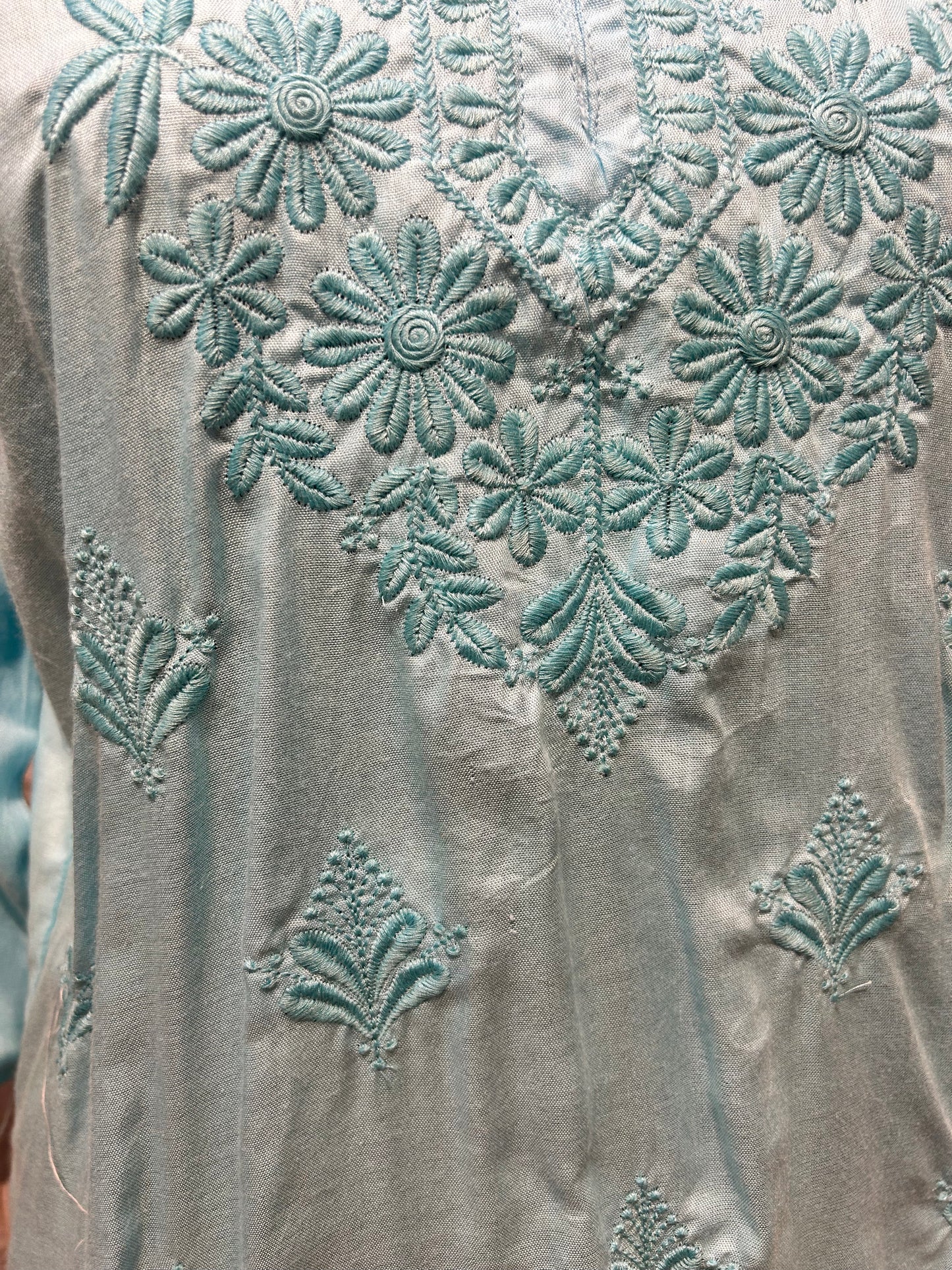 Opal Cotton Kurti with Aqua Floral Embroidery