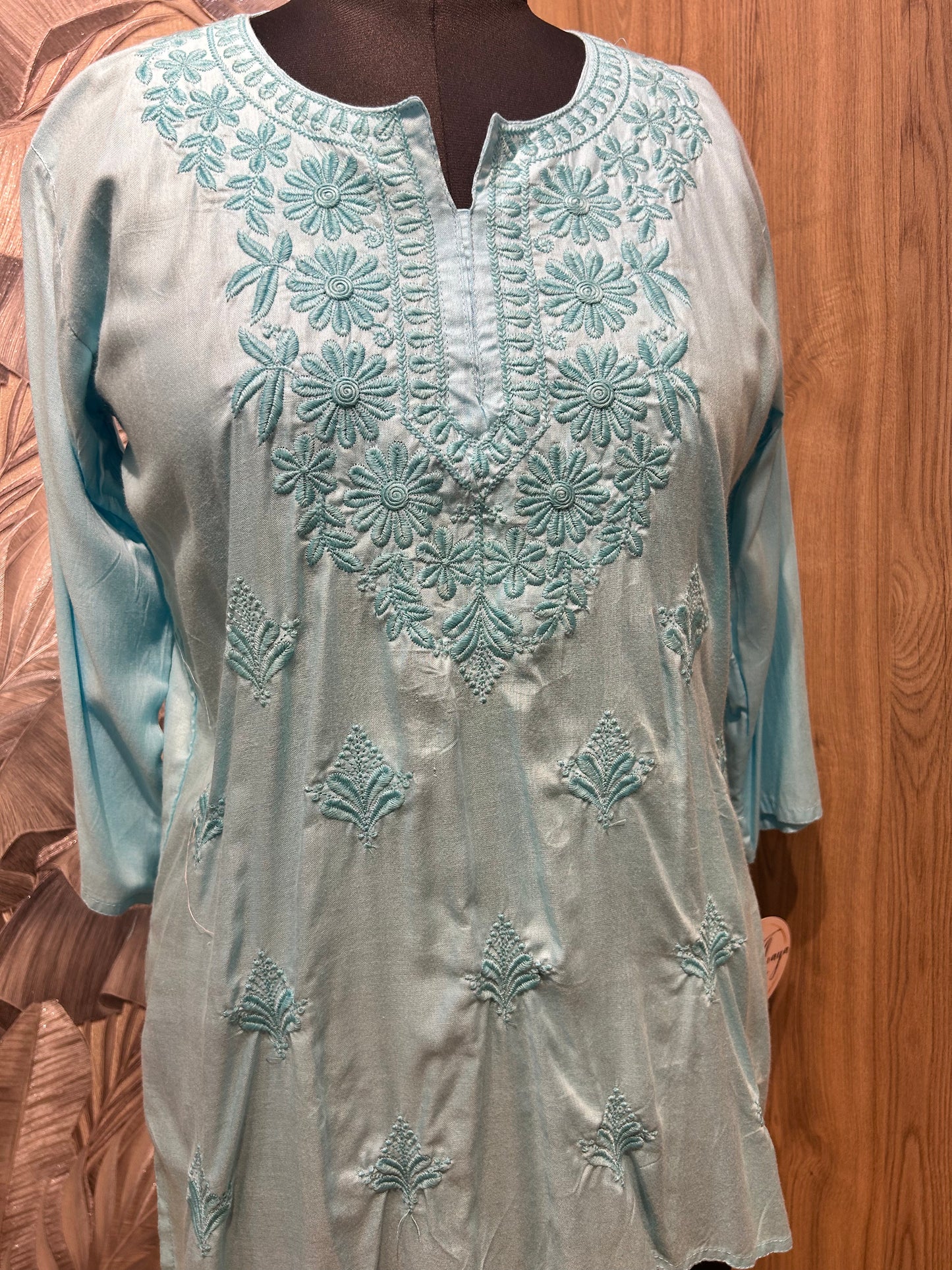 Opal Cotton Kurti with Aqua Floral Embroidery